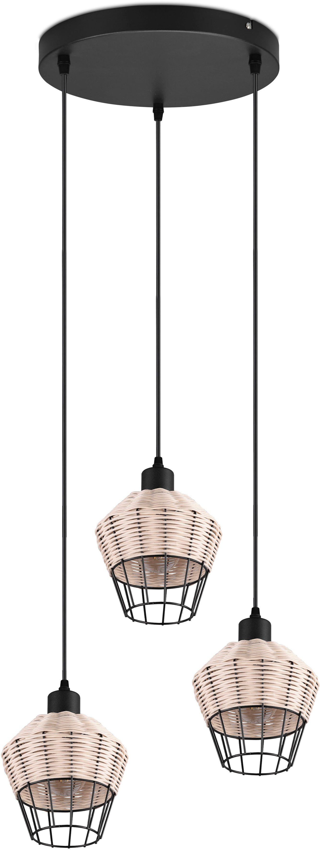 Reality Leuchten Pendelleuchte Borka, ohne Leuchtmittel, warmweiß - kaltweiß, Boho Hängelampe aus Rattan 3-flammig exkl E27 max 40W höhenverstellbar