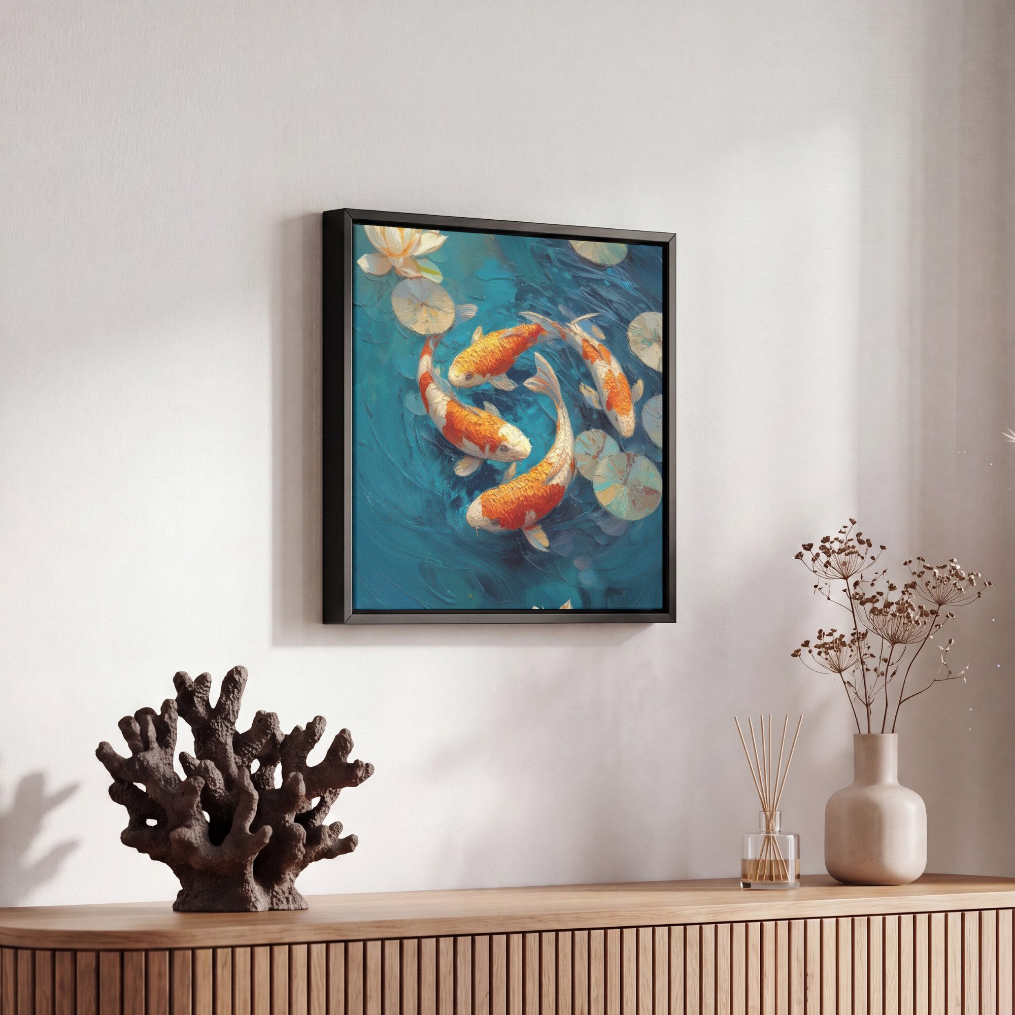 OneMillionCanvasses® Leinwandbild mit Rahmen - Fische - Seerosen - Orange - Wasser, Fotodruck (1 St), Leinwand Bilder Klein, Wand Dekoration Aesthetic 20x20cm – Bild 5 von 5