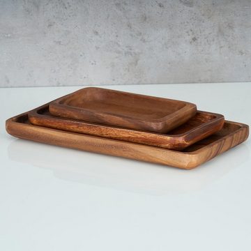 Levandeo® Dekotablett, 3er Set Tablett rechteckig Holz Akazienholz Holzschale Snackschale
