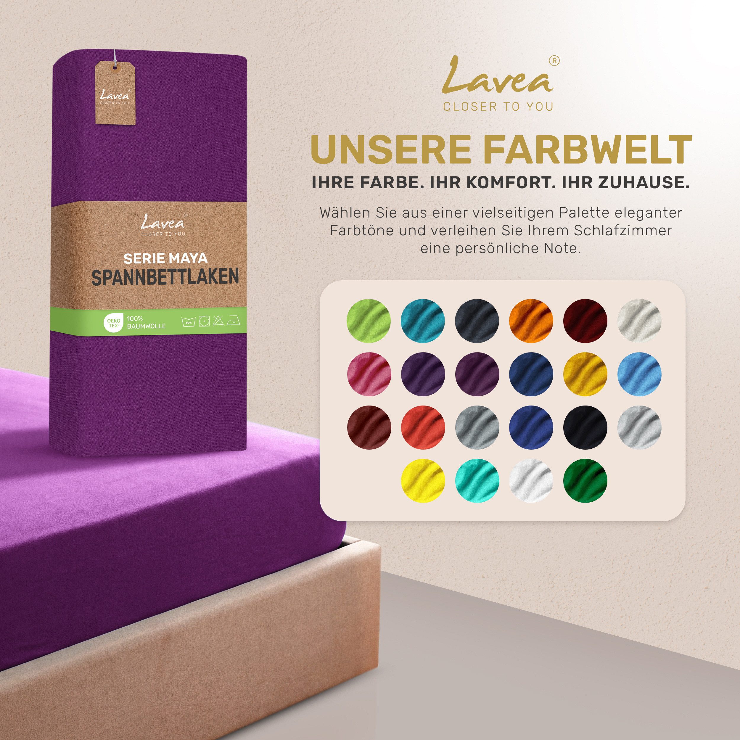 Lavea Spannbettlaken Bettlaken Maya, 180x200cm, 200x200cm, 140x200cm, 160x200cm, 100% Baumwolle Jersey, Gummizug: rundum, (1 Stück), für Matratzen, Topper, Boxs – Bild 4 von 5