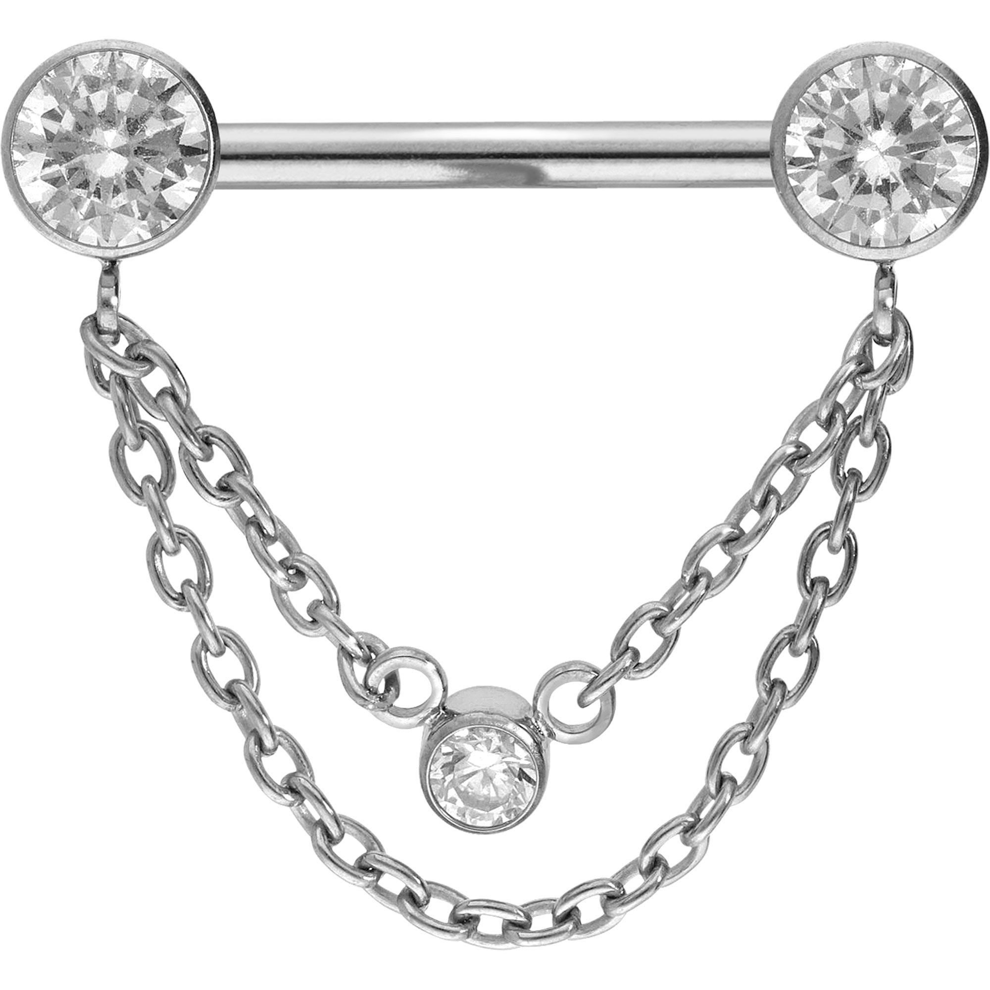 PIERCINGLINE Brustwarzenpiercing Titan Barbell mit Push Fit 2 KETTEN + KRISTALLDISCS (Barbells, 1-tlg)