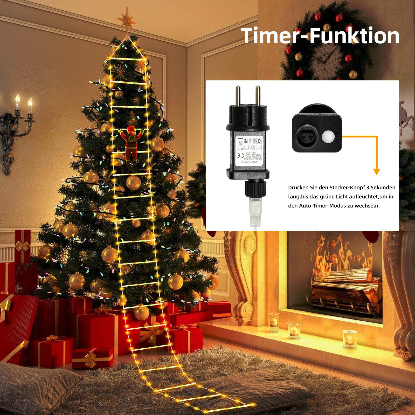 OZAVO LED-Lichterkette LED Weihnachtsmann Leiter Lichterkette, 3M Weihnachtslichterkette, 228-flammig, mit Timer,Wasserdicht,für Fenster,Garten,Haus Weihnachten Deko