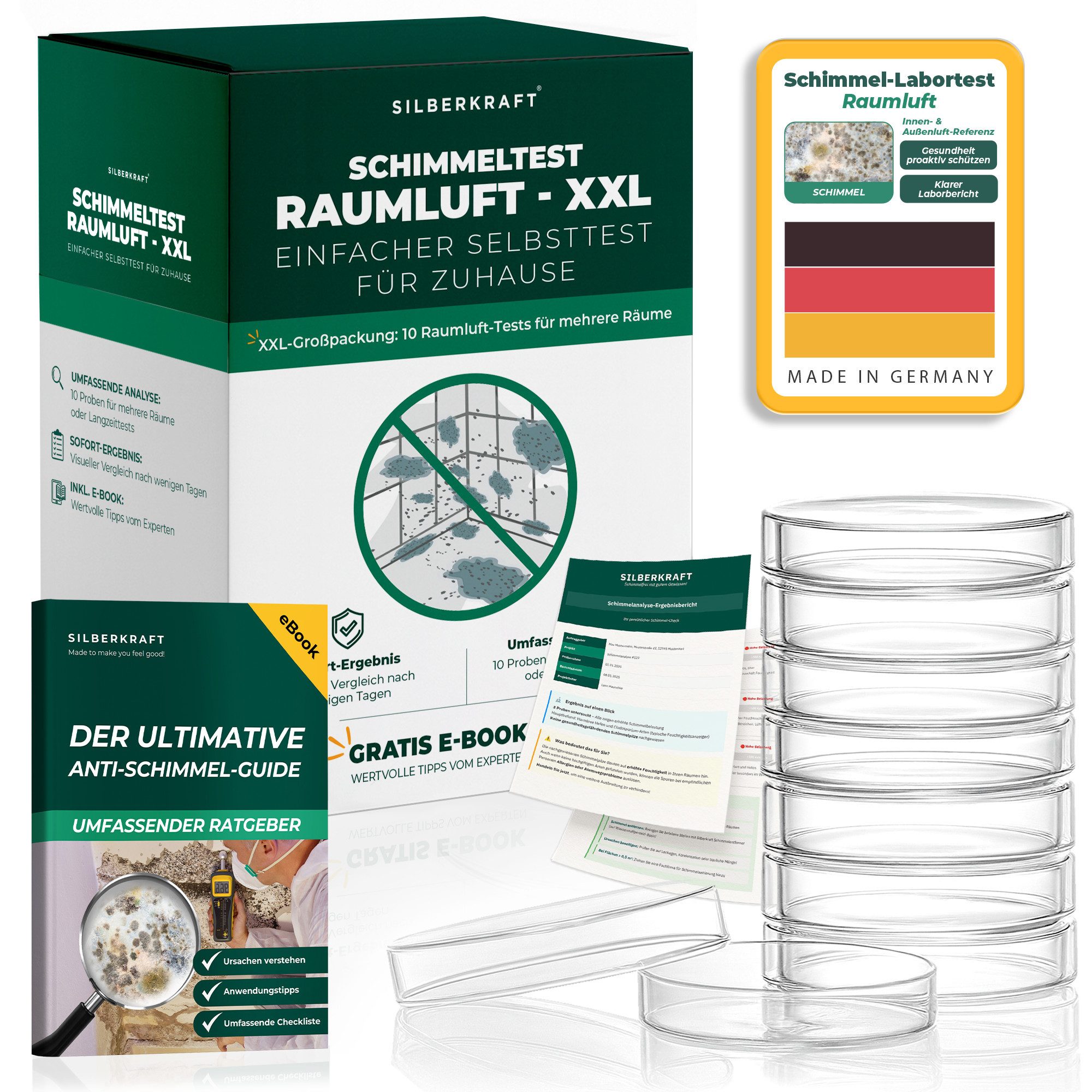 Silberkraft Schimmeltest Raumluft XXL – 10x Schimmel Selbsttest für Zuhause Schimmelentferner (Set, [1-St. Umfassende Analyse für dein Zuhause, 10 Petrischalen, bis zu 10 Räume Schnell & einfach im Selbsttest, Inklusive E-Book, Made in Germany)