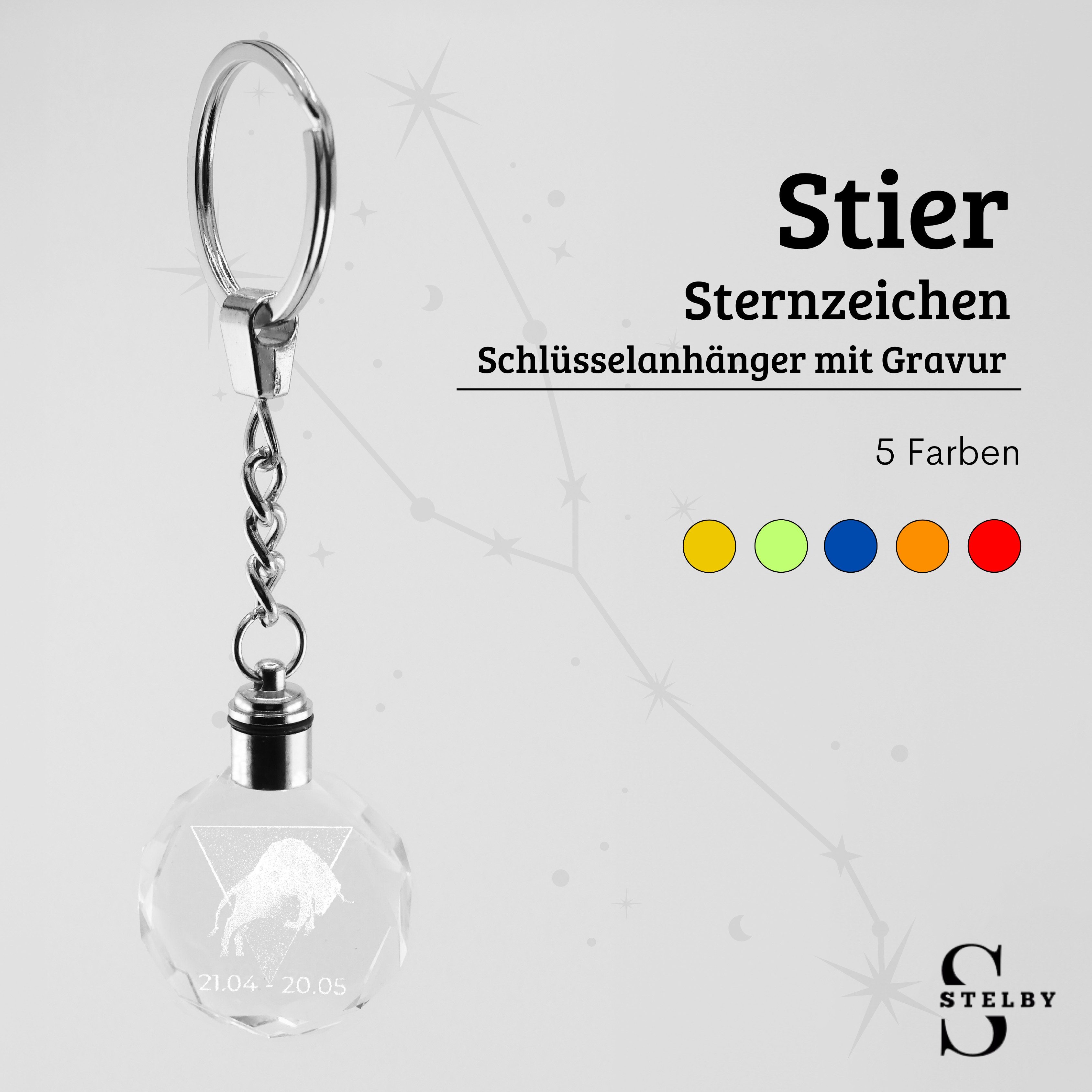 Stelby Schlüsselanhänger Stier Sternzeichen Schlüsselanhänger Multicolor mit Geschenkbox (Perfekt für Geburtstage und Weihnachten, Robustes Glasmaterial, leuchtet in 5 Farben), Farbwechsel, langlebig, modernes Design