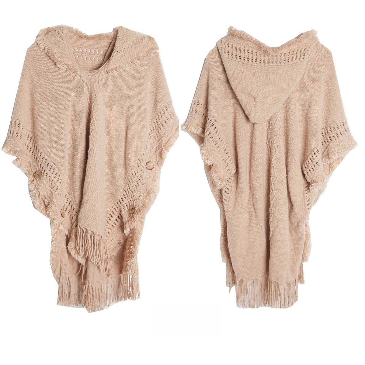 feiner mit Modeschal in selected Damen-Strickpullover Kapuze Strickqualität Poncho carefully Kamel