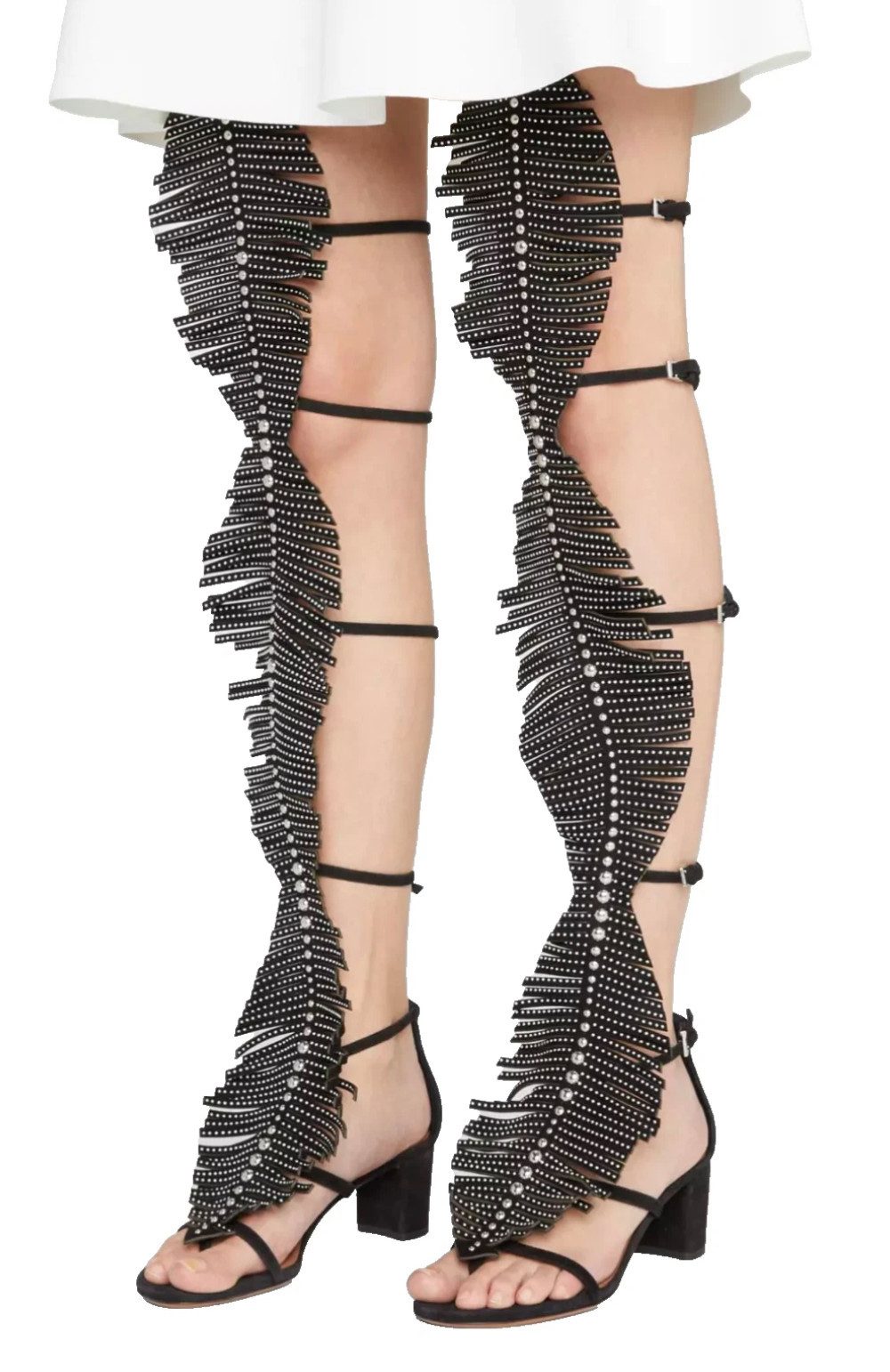 ALAÏA PARIS Gladiator-Sandalen Wildleder mit Nieten und Feder-Design 40 Riemchensandale Zentrale vertikale Linie aus runden, glänzenden Metalldetails