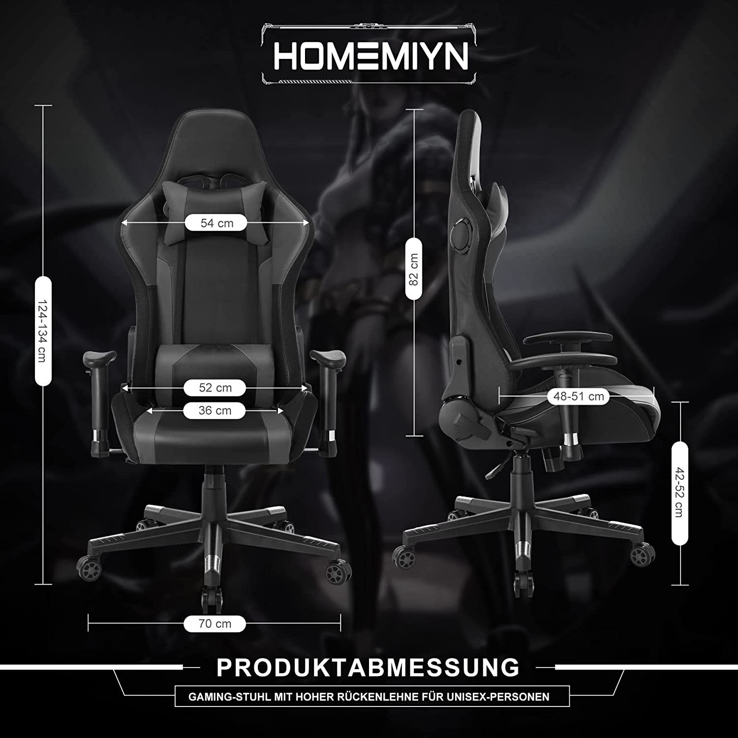 HomeMiYN Gaming Chair Gaming Stuhl LED-Leuchten Hoher Bürostuhl Lautsprechern Grau ergonomischer