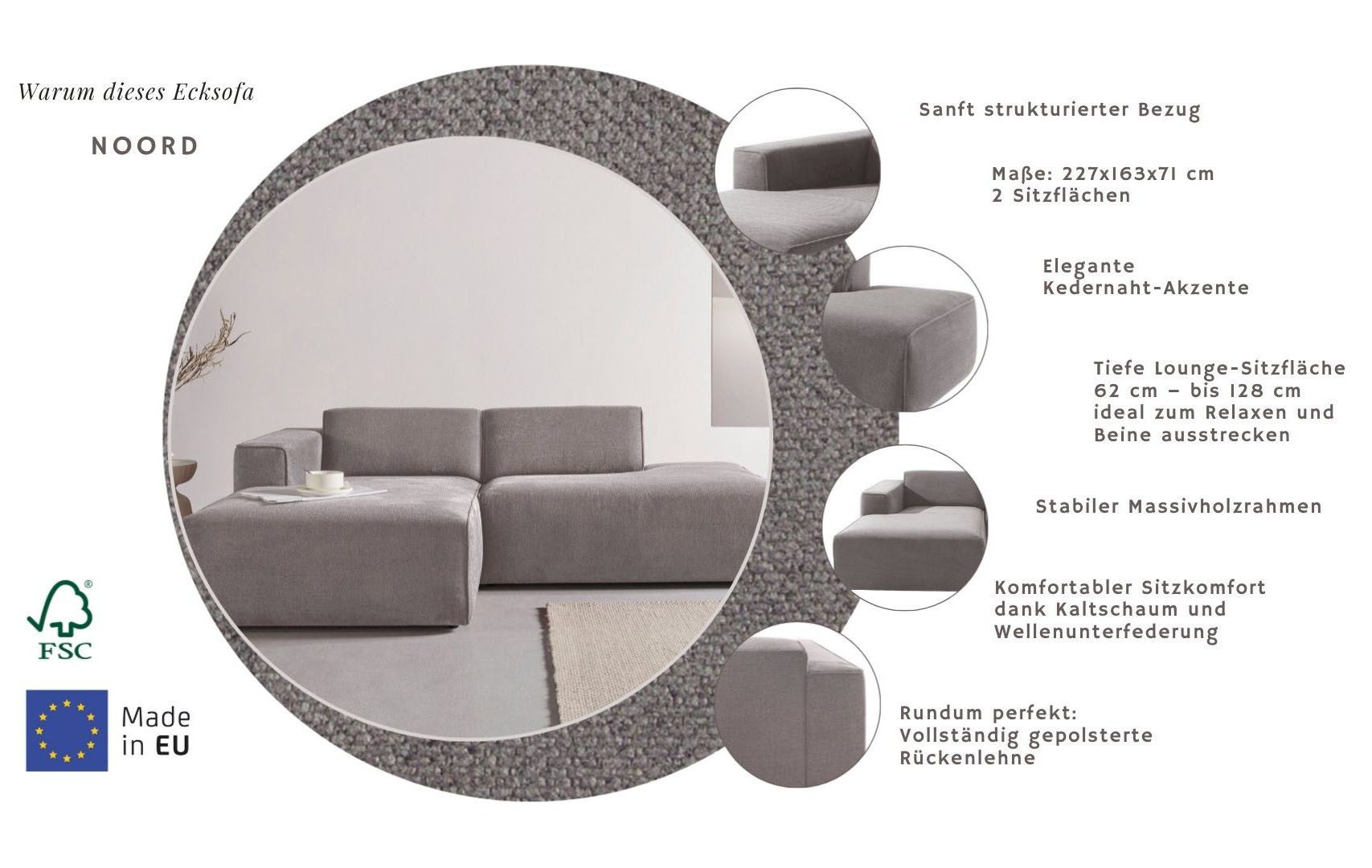 Home affaire Ecksofa Noord mit Kedernaht, Breite 227 cm, L-Form, Cord, Struktur, Webstoff, mit Wellenunterfederung, Massivholzrahmen