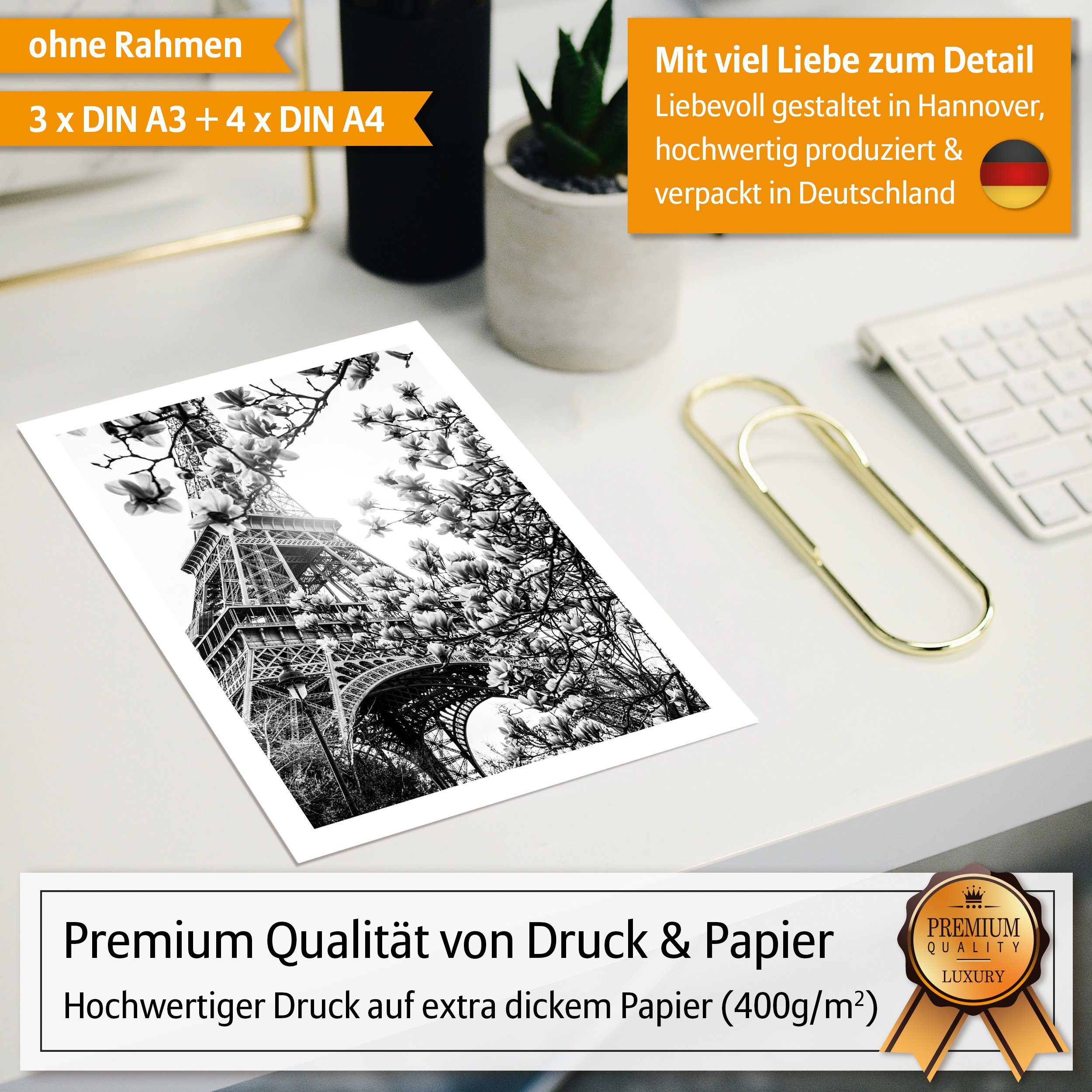 Hyggelig Home Poster Paris, Premium Poster Set OHNE & MIT Rahmen, Wandbild la vie est belle, Natur (Set, 7 St), Collage schwarz weiß, Qualitätsdruck dickes Papier