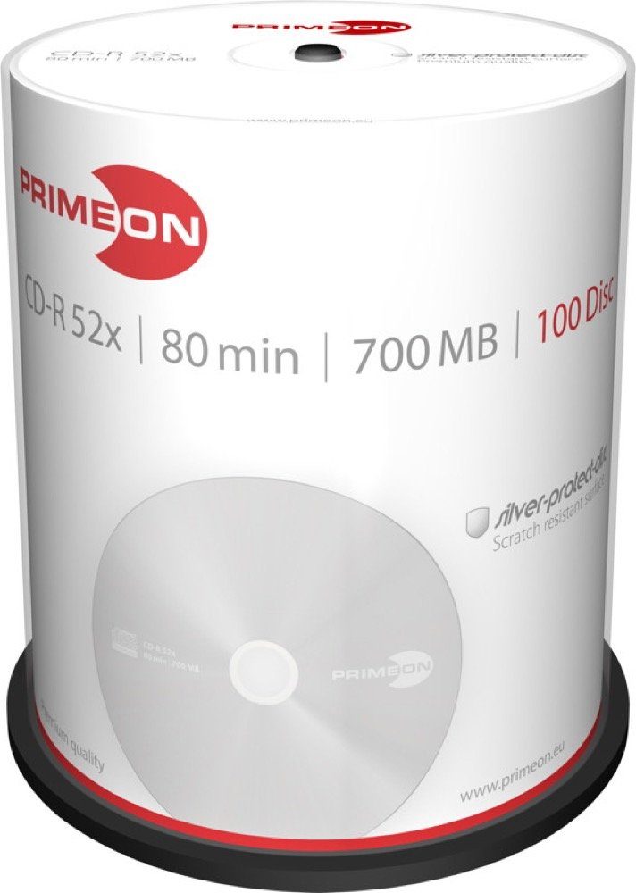 PRIMEON CD-Rohling 100 Primeon Rohlinge CD-R silver protect disc 80Min 700MB 52x Spindel