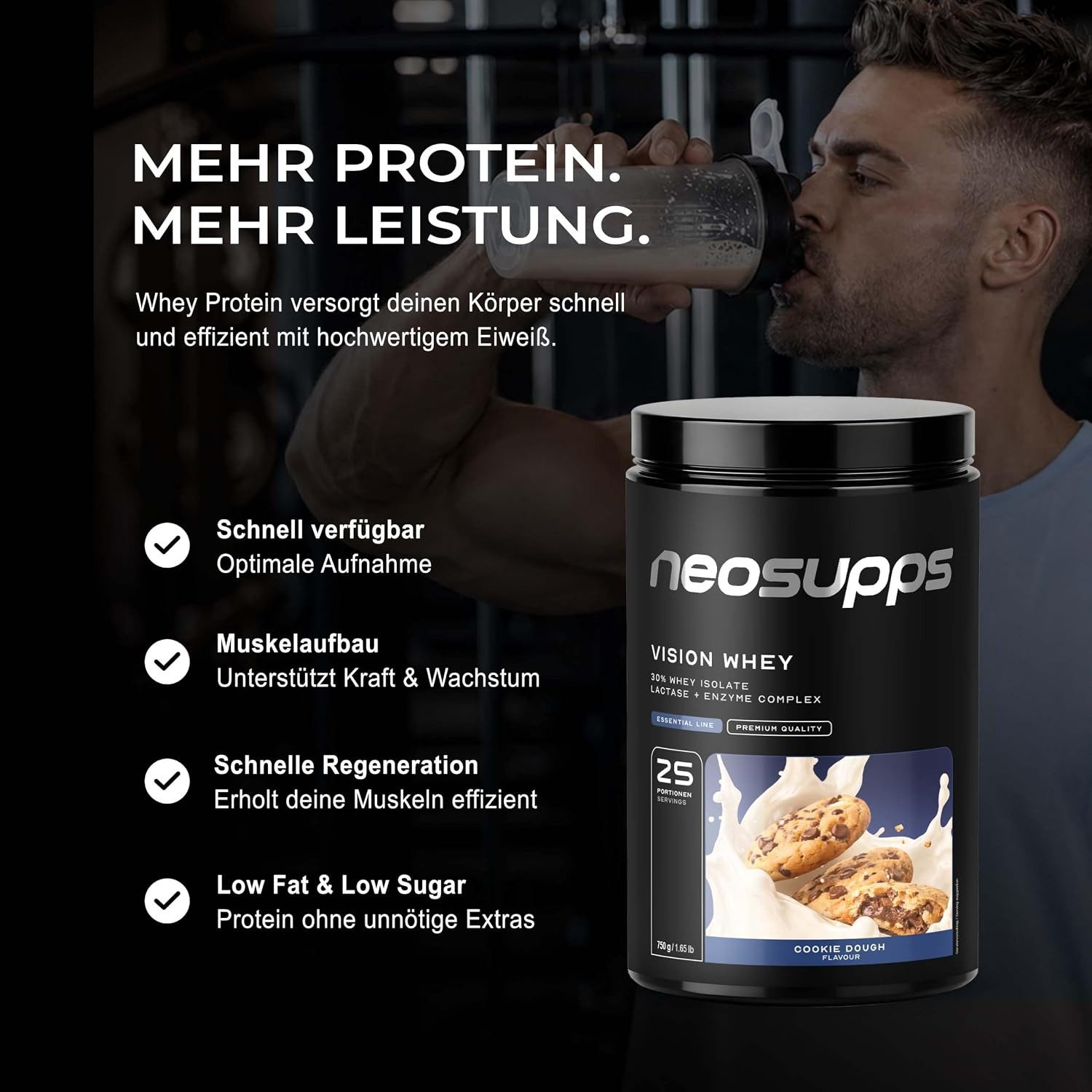 Neosupps Whey Protein Pulver Cookie Dough 750g, Proteinpulver, Proteinshake Pulver, 750 g, Protein zum Muskelaufbau mit geprüfter Qualität, Made in Germany – Bild 5 von 5