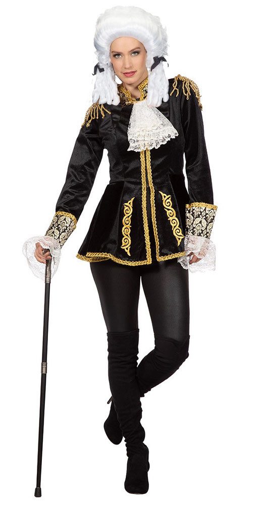 Karneval-Klamotten Kostüm Rokoko Frack Marquis Damen schwarz gold hochwertig, Barock Damenkostüm taillierte Marquise Jacke Partnerkostüm Historisch