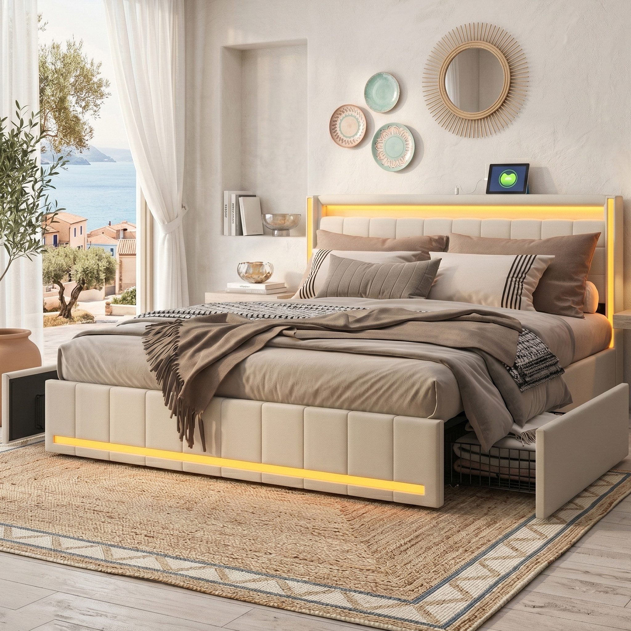 zebery Stauraumbett Polsterbett Doppelbett Mit LED und USB+Typ C, Leinenmaterial (Packung, 1-tlg), 180x200 cm,4 Schubladen,Gepolstert,Mit Kopfteil und Bettgestell,Beige
