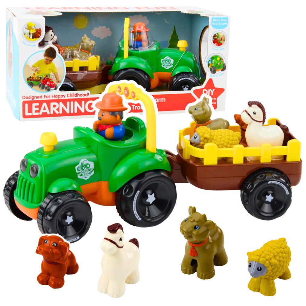LEAN TOYS Spielzeug-Boot Motorisierter Traktor, interaktive Tiere, Anhänger, Geräusche, Lichter