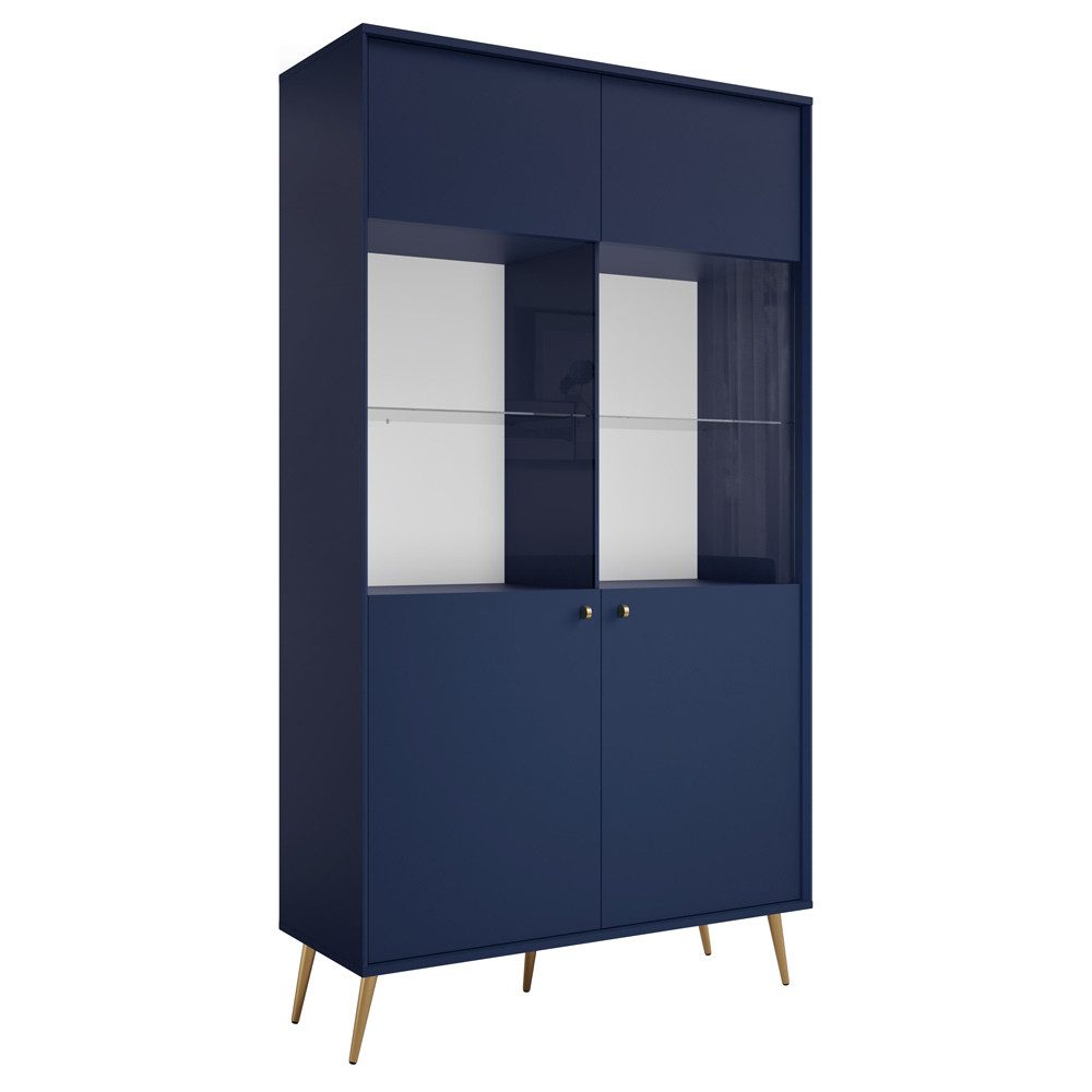 Lomadox Vitrine RIPLEY-166 blau, 105 cm breit, 2 Türen, goldene Füße und Griffe