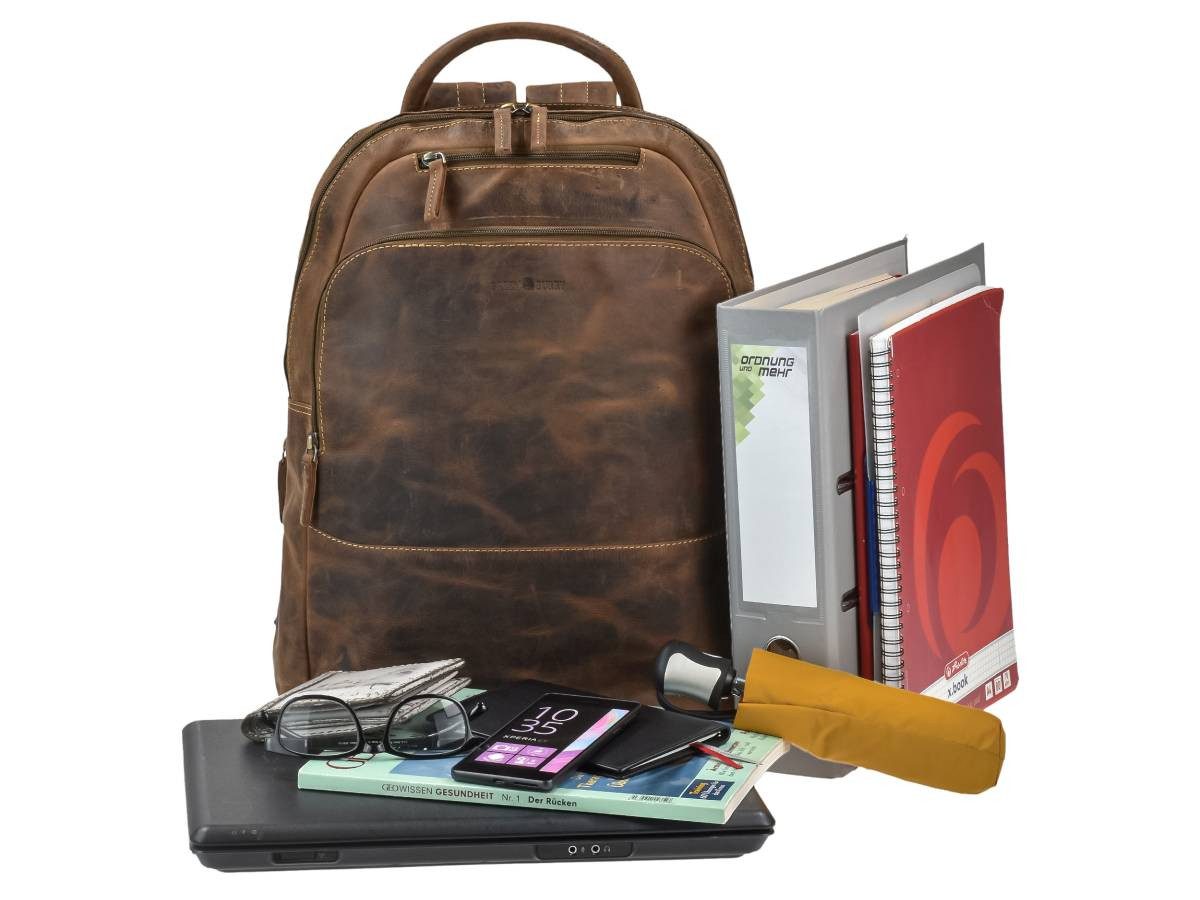 Greenburry Notebookrucksack "Vintage" Leder Rucksack 33x43cm antikbraun, Rucksack, Freizeitrucksack, Business mit Notebookfach