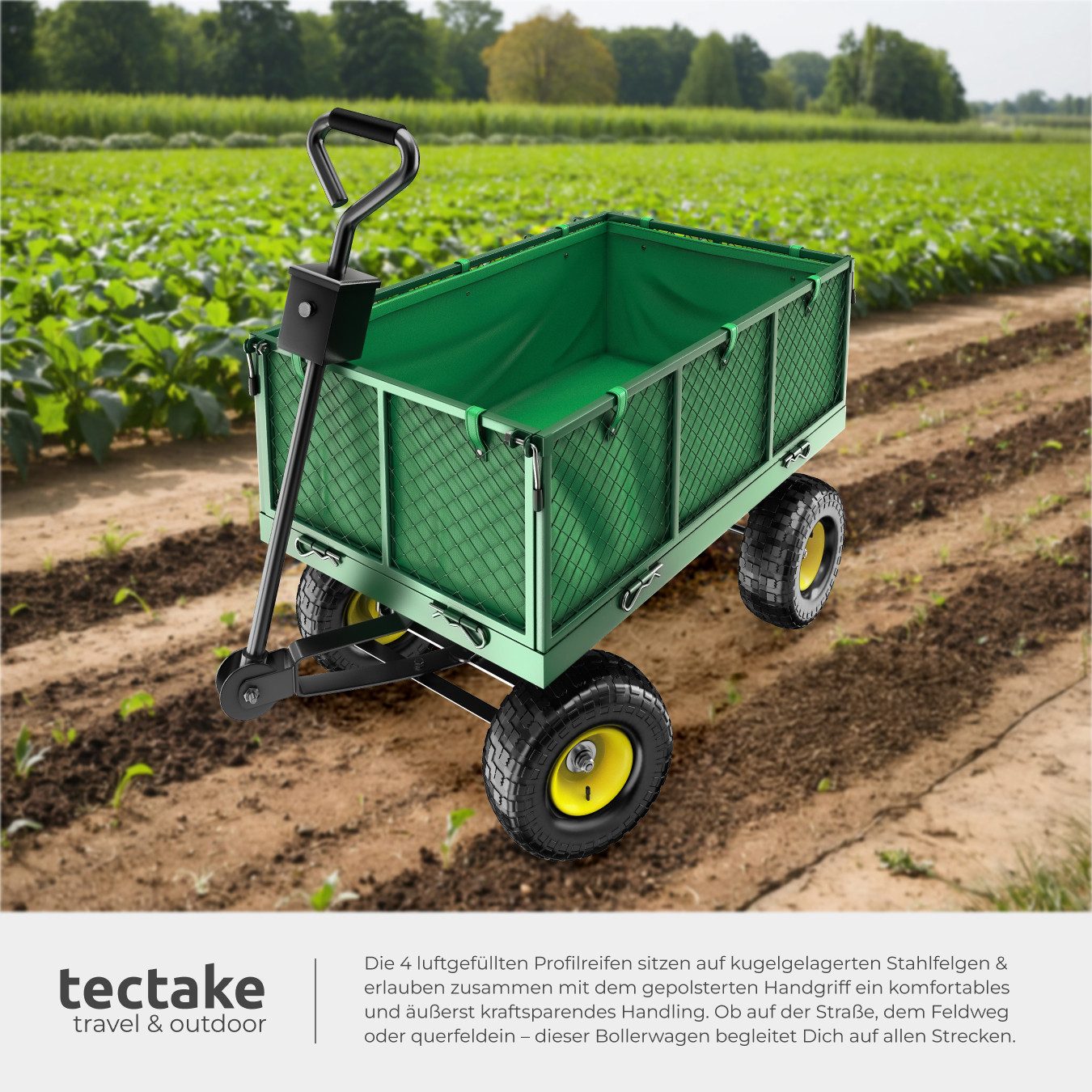 tectake Bollerwagen Faltbarer Handwagen max. 550kg mit klappbaren Seitenwänden (1 Transportwagen, 1-tlg., 150L Volumen in Grün), mit klappbaren Seitenwänden – Bild 4 von 5