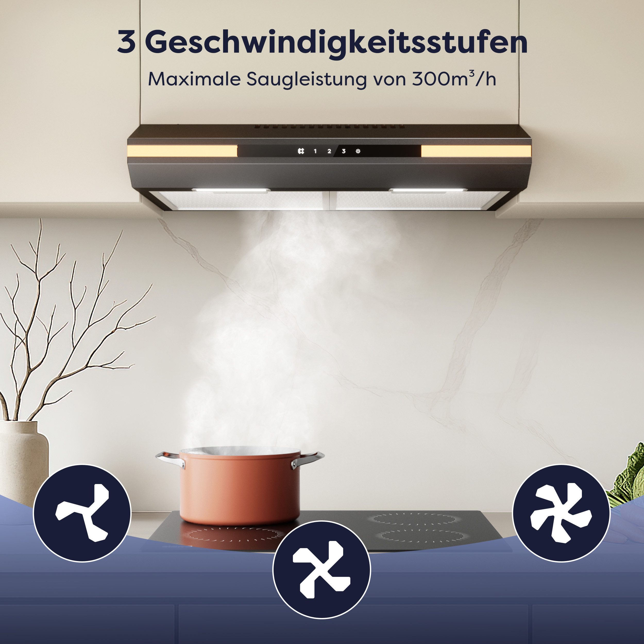 CIARRA Unterbauhaube 60 cm Dunstabzugshaube SensorTouch A+ Abluft & Umluft Schwarz VM6921B Leise Abzugshaube mit 325 m³/h & LED, Elegantes Design, Schwarz – Bild 4 von 5