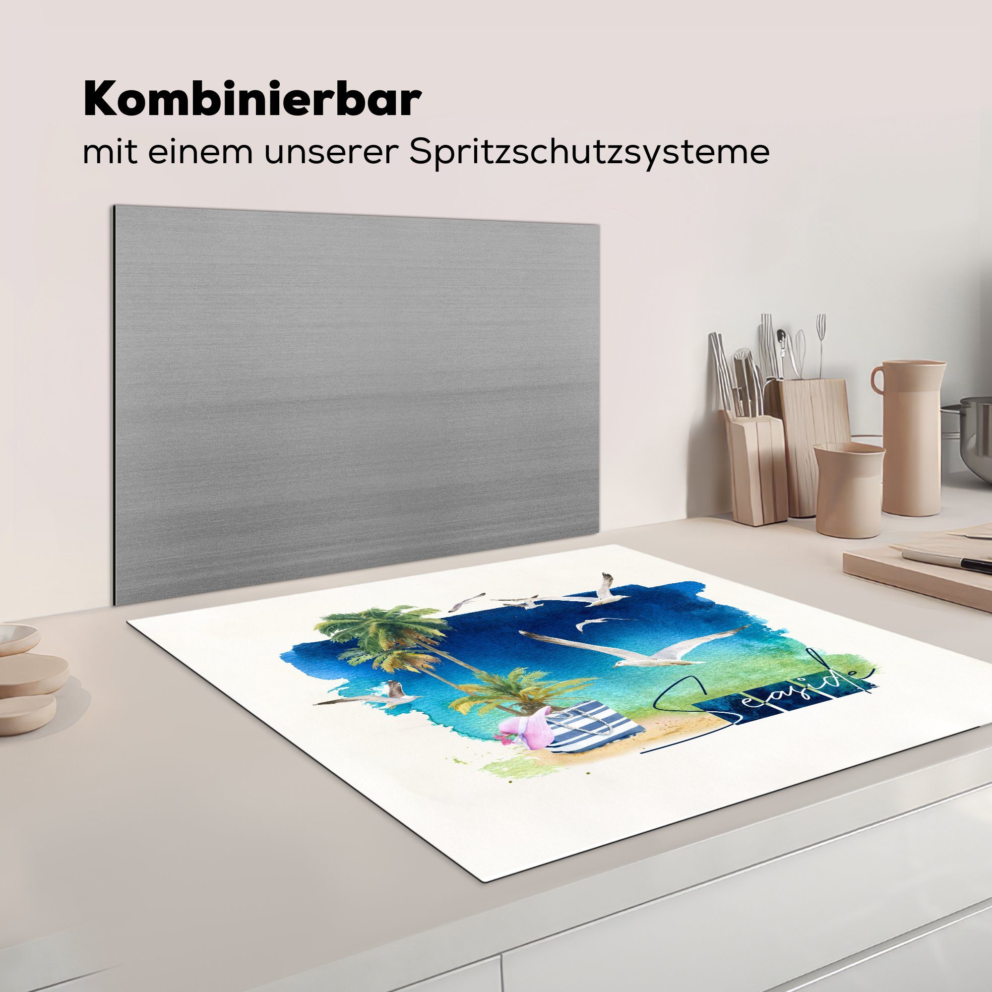 - küche (1 cm, MuchoWow Palme - Strand Arbeitsplatte Briefe, - für Ceranfeldabdeckung, Herdblende-/Abdeckplatte Vinyl, 78x78 tlg), Vogel