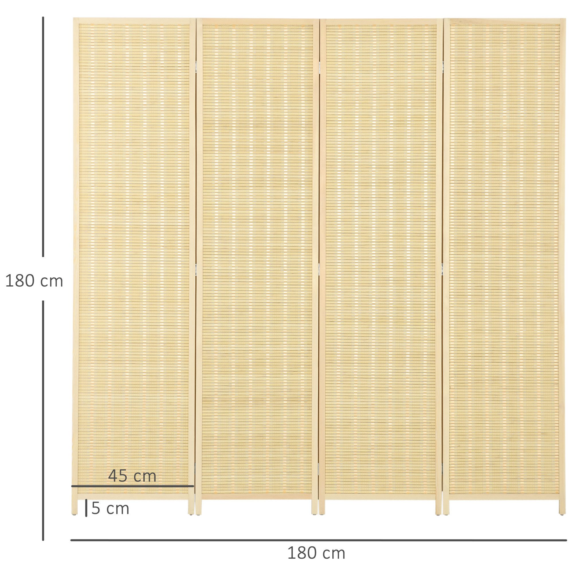 HOMCOM Paravent 4-teilig 180 x 180 cm Sichtschutz aus Bambus, Faltbar Stellwand (Raumteiler, 1 St., Trennwand), für Wohnzimmer, Schlafzimmer, Naturholz