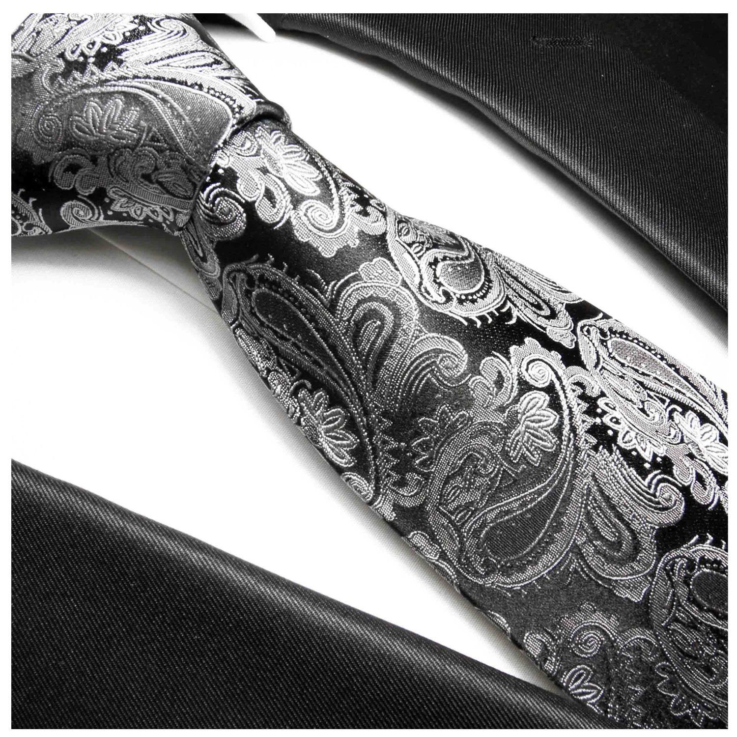 grau schwarz Malone Seide Elegante Paul 100% Schlips Seidenkrawatte brokat (6cm), 627 Krawatte silber Herren paisley Schmal