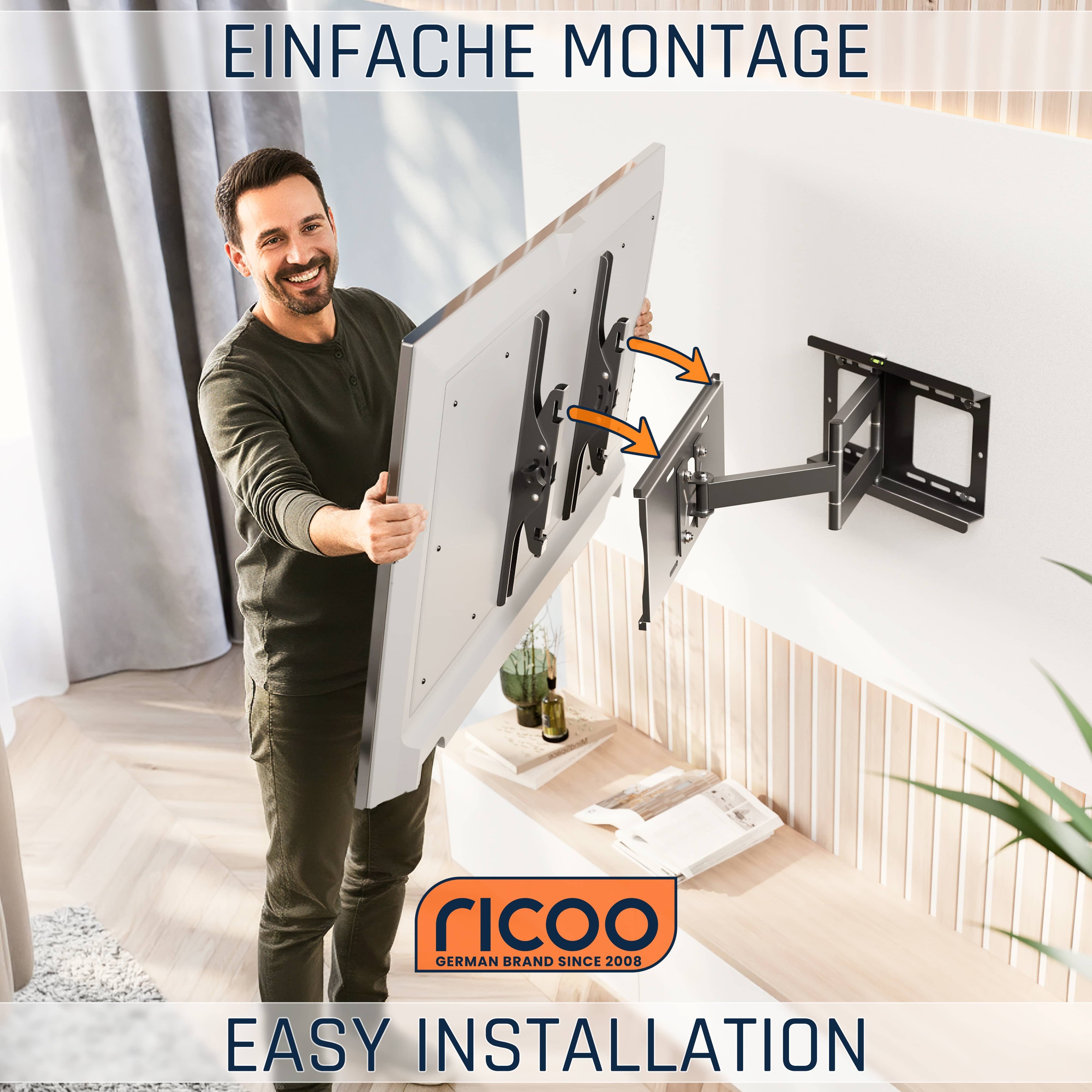 RICOO TV-Wandhalterung TV Wandhalter 43" 50" 55" 65" 75" max 95 Kg schwenkbar R23-S, (bis 75 Zoll, VESA 200x200 bis 400x400, 1-tlg., vollbeweglich ausziehbar neigbar 40 Zoll bis 75 Zoll stabil, bis 15° Neigung, bis zu 180° Schwenkung, Fernseher Halter universal)