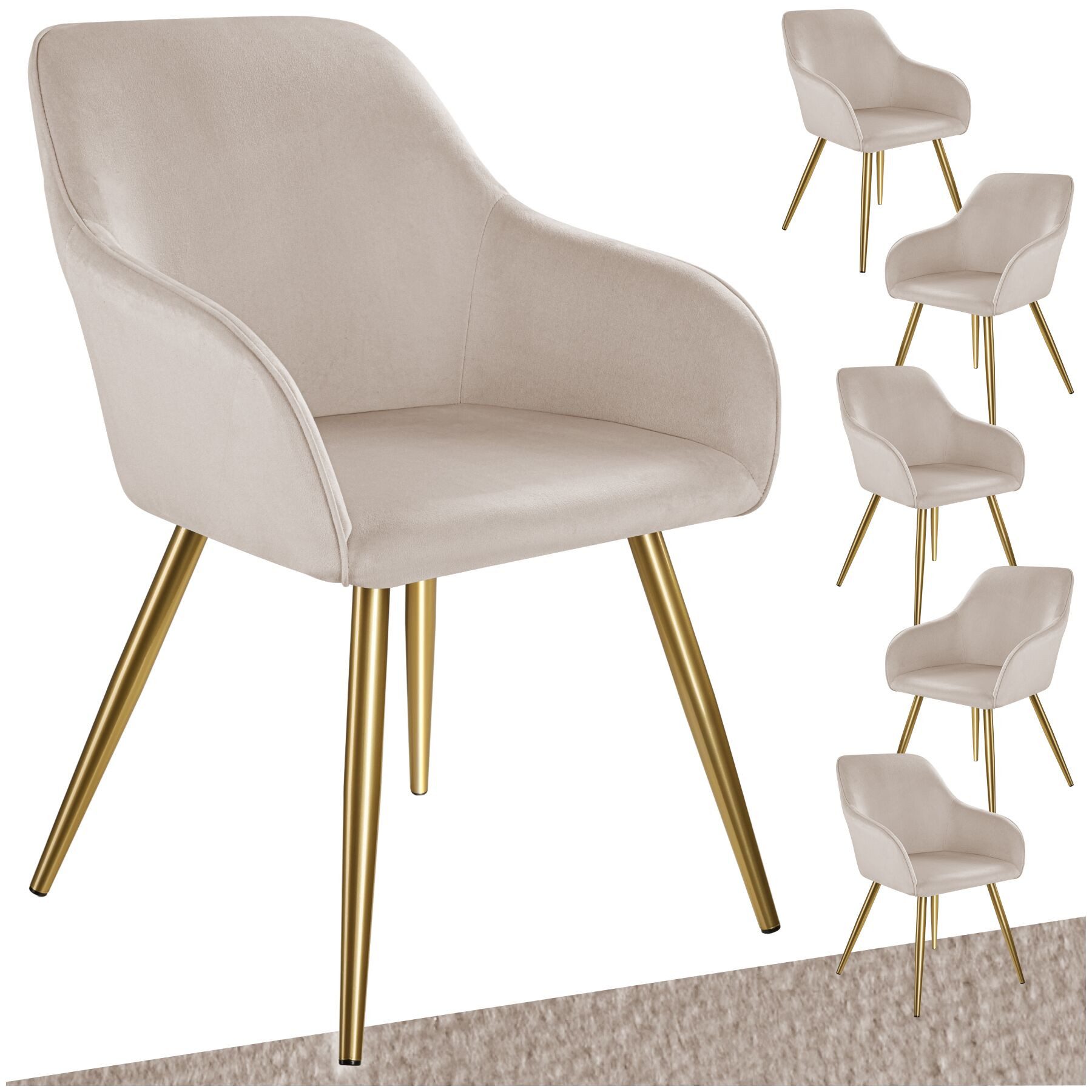 tectake Esszimmerstuhl Küchenstuhl gepolstert, in Leinenoptik, 58 x 62 x 82 cm (Polsterstuhl Marilyn in taupe/gold, 6 St), durchgehende Lehne, schwarze Stahlbeine, bodenschonend