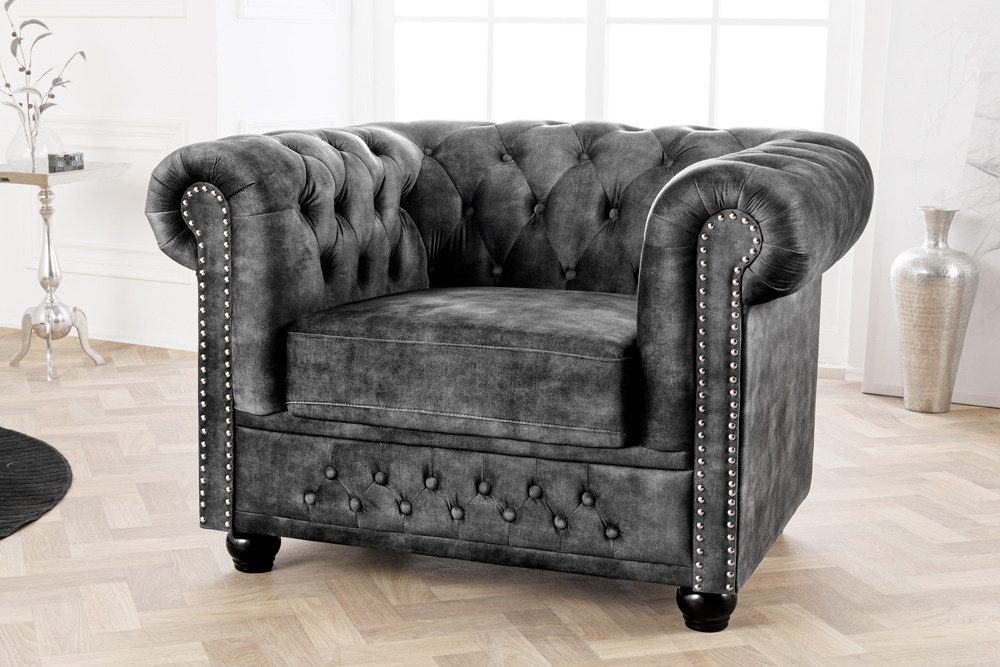 riess-ambiente Sessel CHESTERFIELD 110cm grau (Einzelartikel, 1-St), Wohnzimmer · Samt · mit Armlehne · Federkern