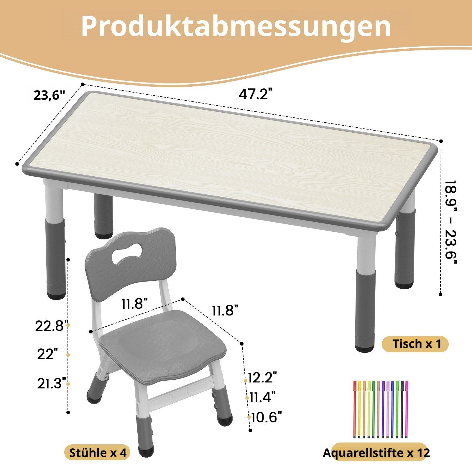 GarveeMore Essgruppe Kinder Tisch mit 4 Stühlen für Spielen & Essen, höhenverstellbar, mit beschreibbarer Tischplatte, abgerundete Kanten