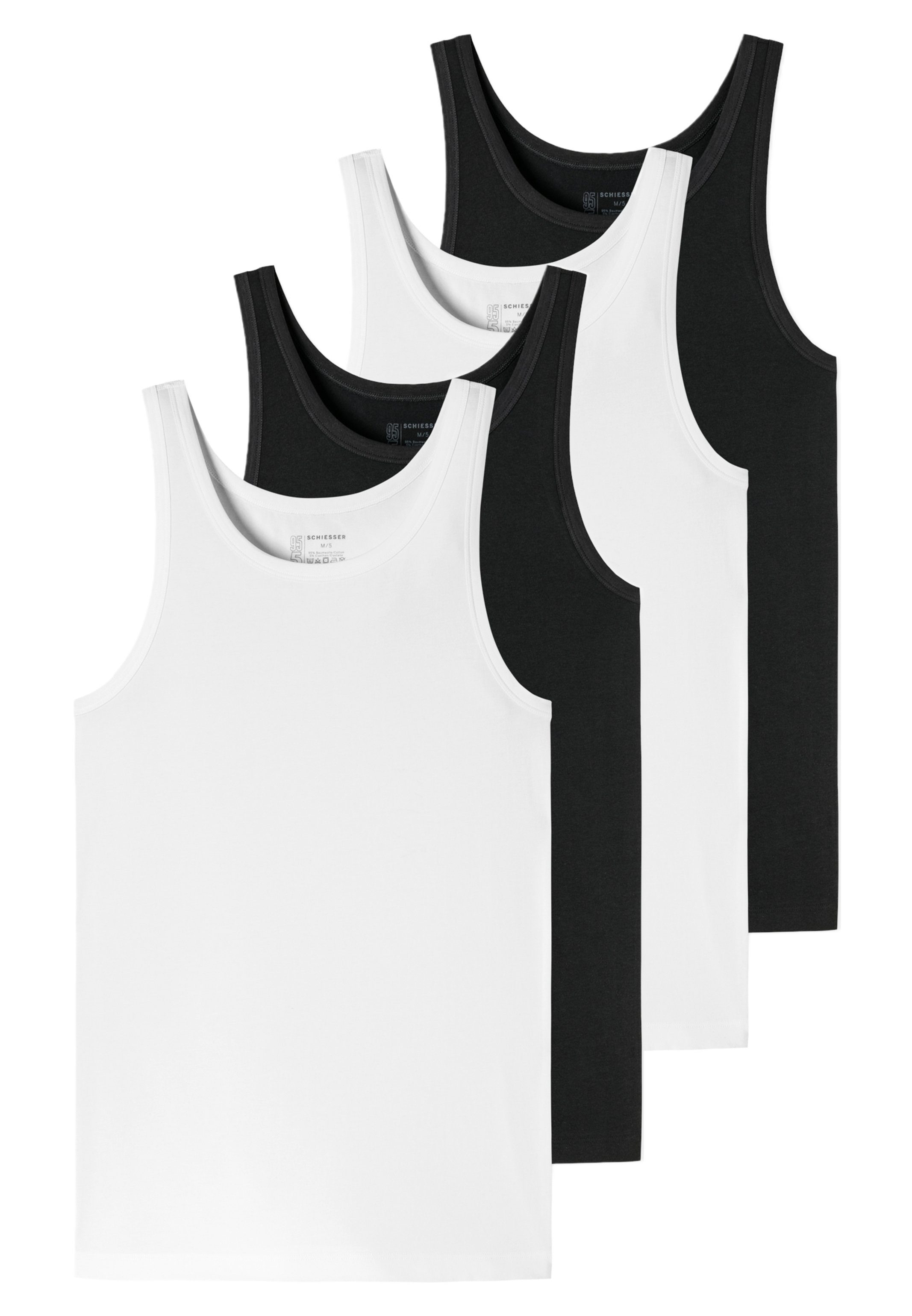 Schiesser Unterhemd 4er-Pack - 95/5 - Organic Cotton (Spar-Set, 4-St) Unterhemd / Tanktop - Baumwolle - Tiefer Rundhalsausschnitt Schwarz / Weiß