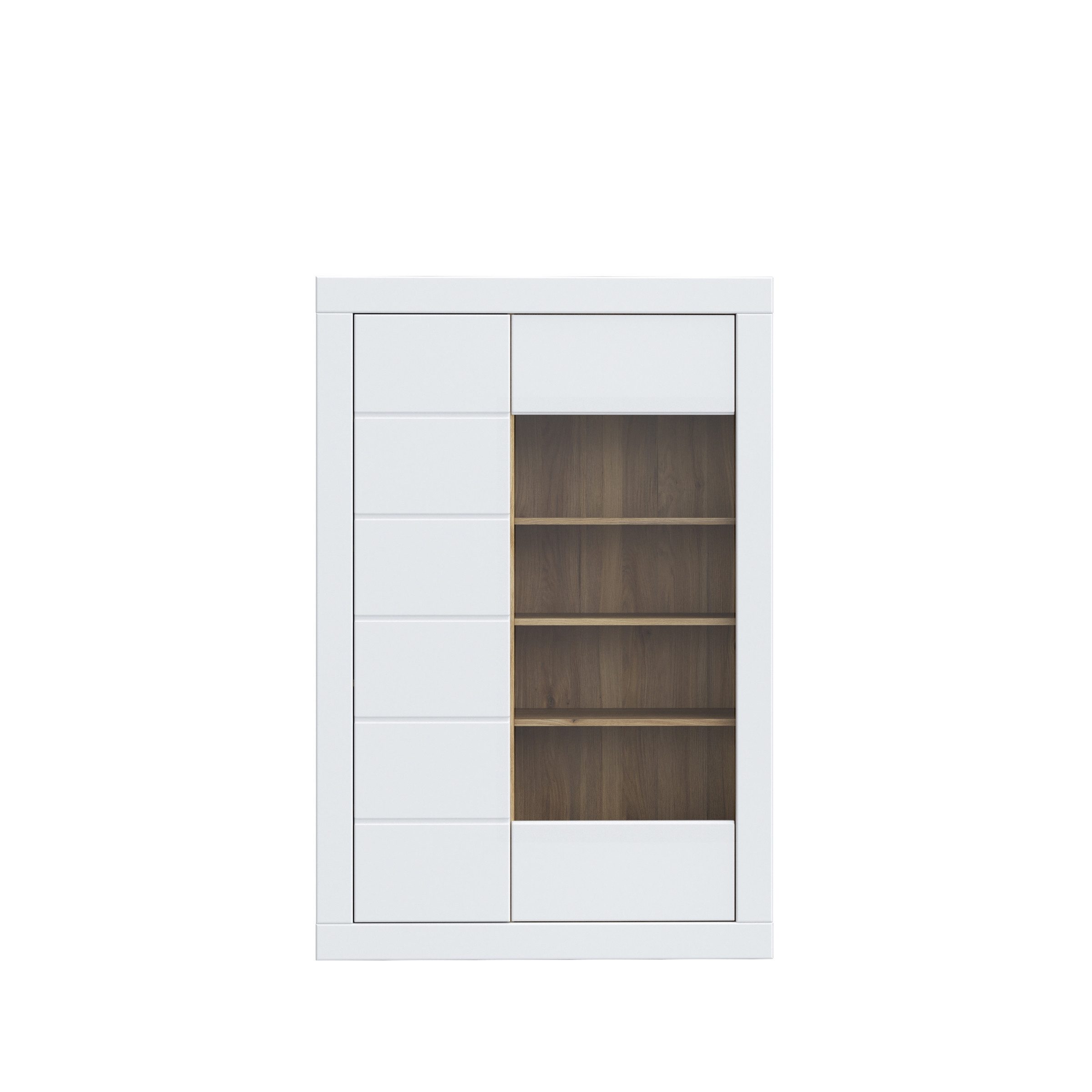 PREISBRECHER Stauraumvitrine LEFKADAS 2 Türen, 7 Böden, Weiss/ Mauvella Eiche Dekor - 101x151,2x41,4cm BxHxT