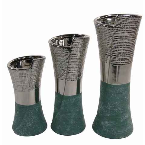 GlasArt Dekovase Keramik-Vase Blumenvase Rund Dekovase Petrol Silber 20-31cm