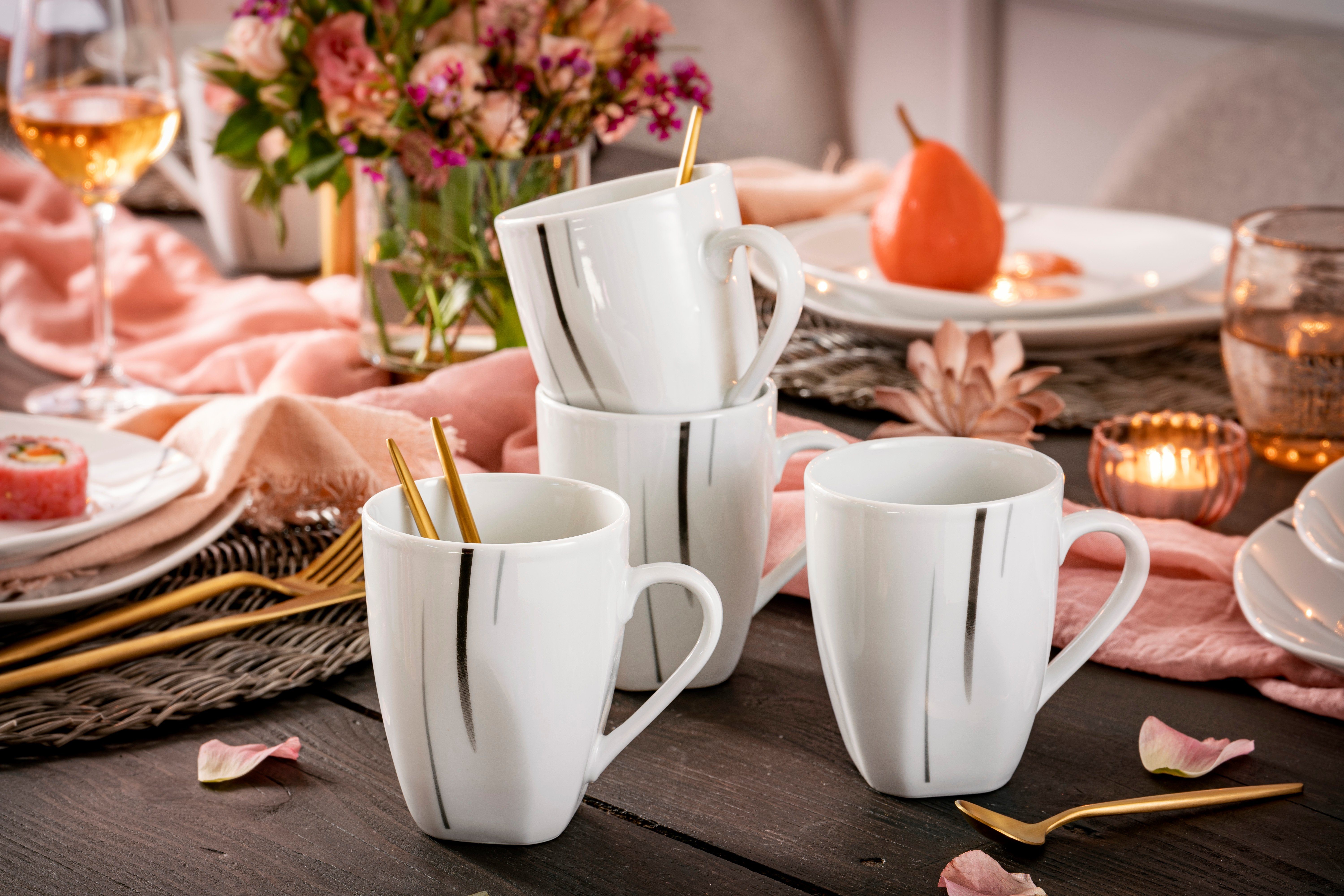 SÄNGER Becher Bilgola Black Lines Kaffeetassen-Set, Weiß, 6-tlg., Porzellan, ⌀ 8,5x10,5cm, 250 ml, Premium Collection