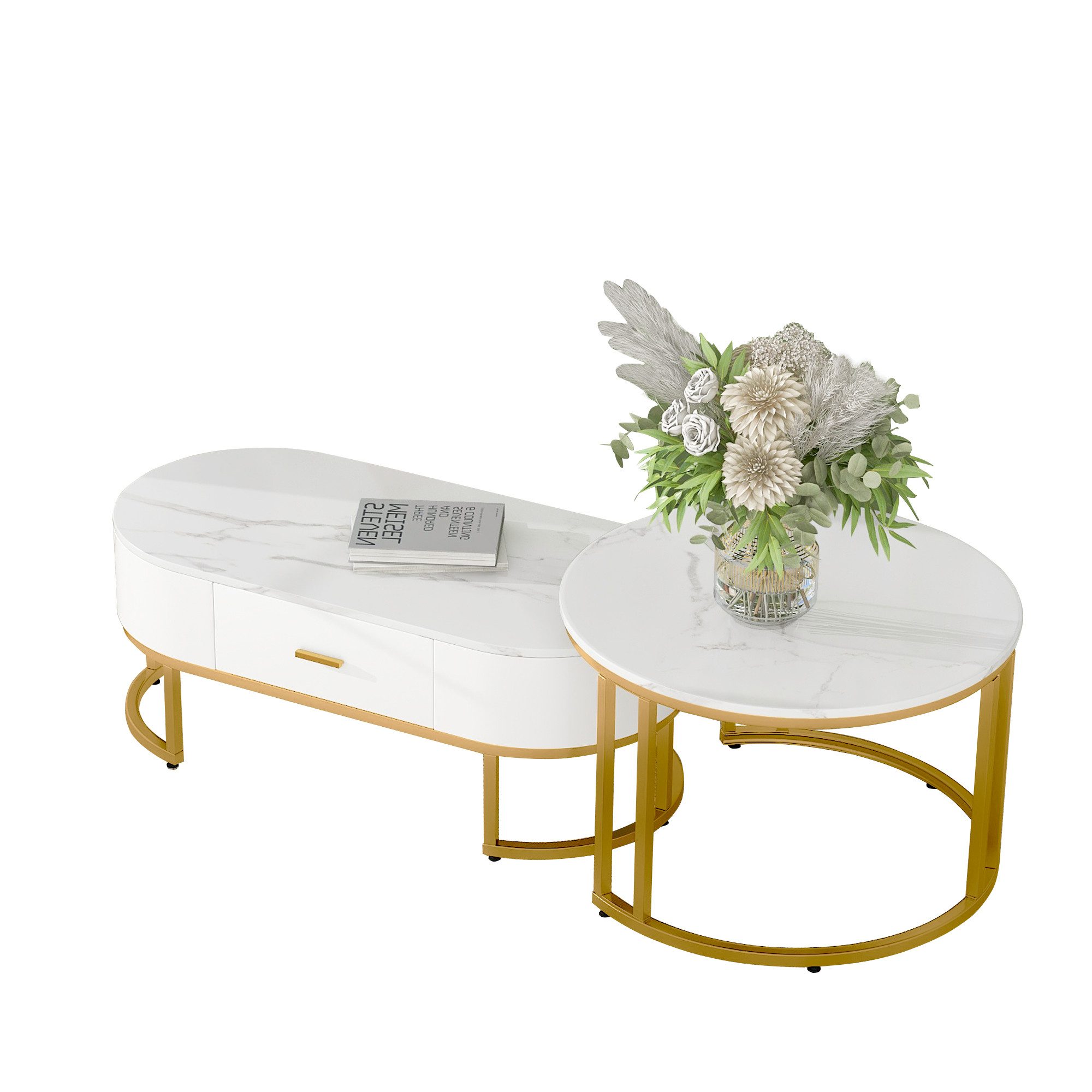 Merax Couchtisch aus Holz mit Schublade und goldenem Stahlrahmen (2-St), Sa günstig online kaufen