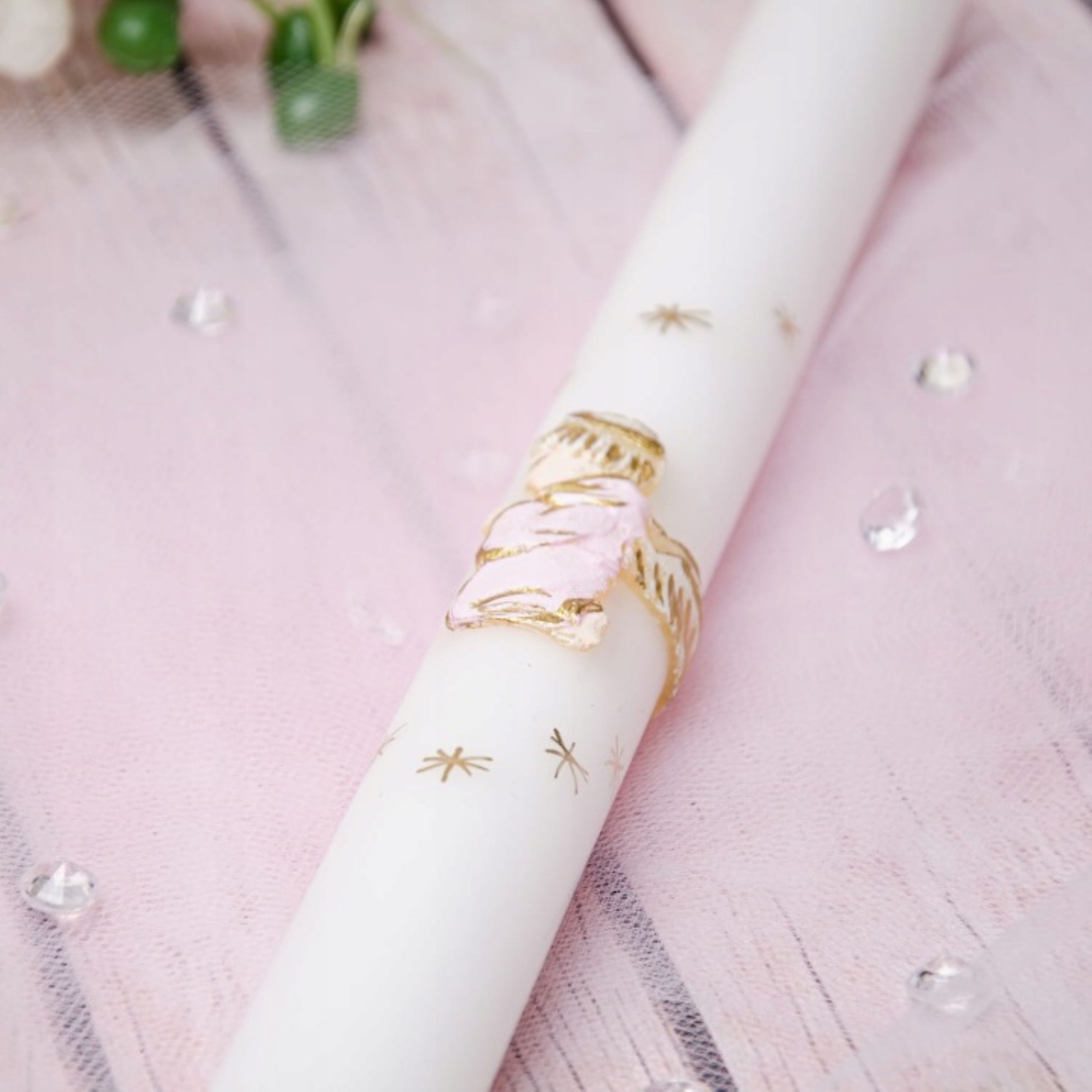 Festivalartikel Taufkarte Taufkerze Mädchen Rosa Gold Engel 40cm Handdekoriert