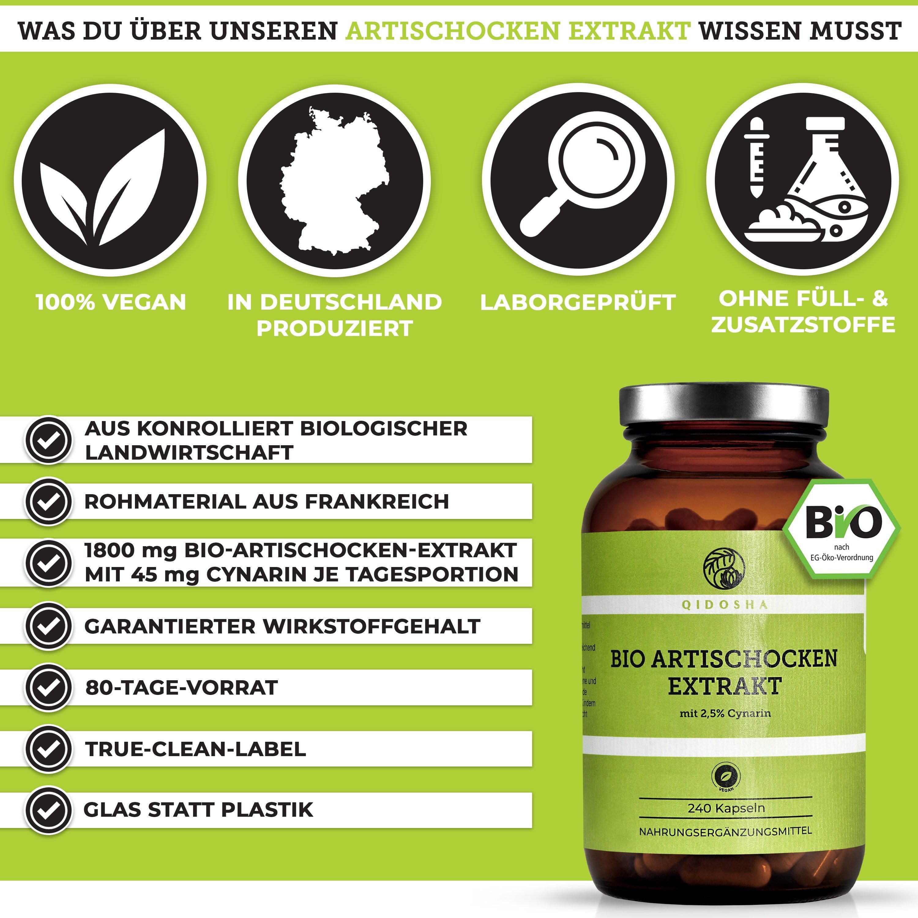 QIDOSHA Bio Artischockenextrakt Kapseln 2,5 % Cynarin Kapseln, 240 er 240 St., 173.3 g, 2,5 % Cynarin