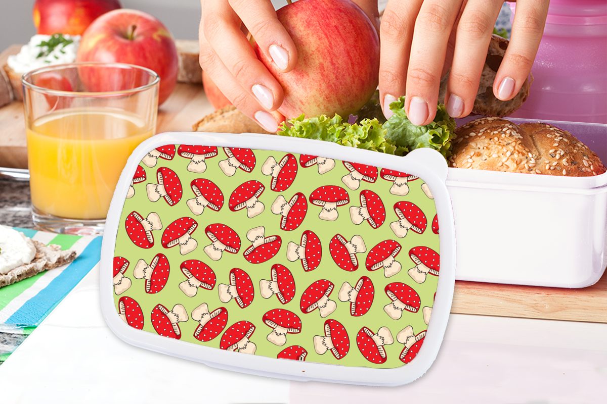 Erwachsene, Mädchen Muster, Pilz und Brotdose, Brotbox (2-tlg), Kinder und weiß - für MuchoWow Lunchbox Kunststoff, für Rot Jungs -