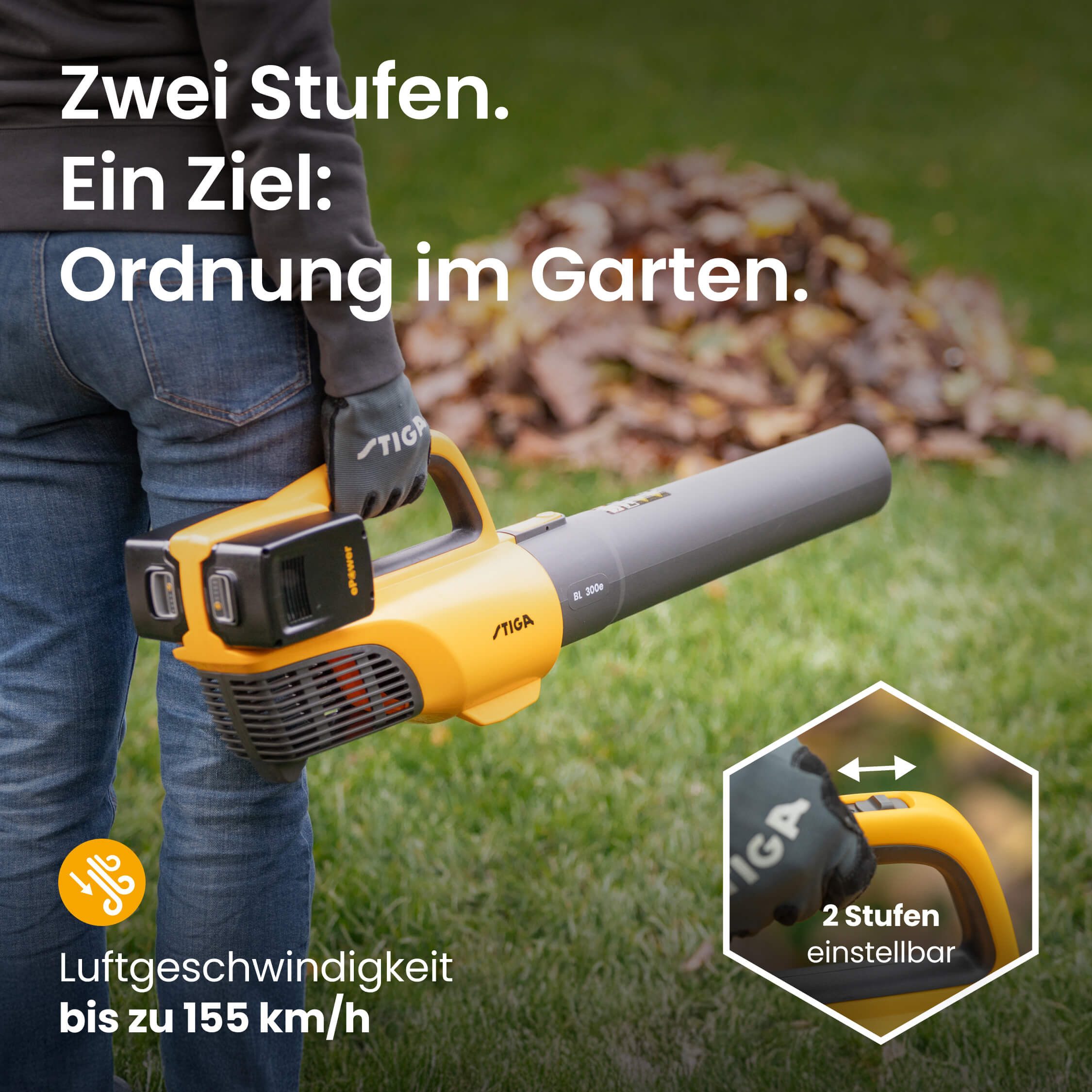 STIGA GARDEN Akku-Laubbläser BL 300e, (Set, Inkl. 2x 20 V (4 Ah) Akku, Wandhalterung und Ladegerät), 2 Stufen mit max. 155km/h