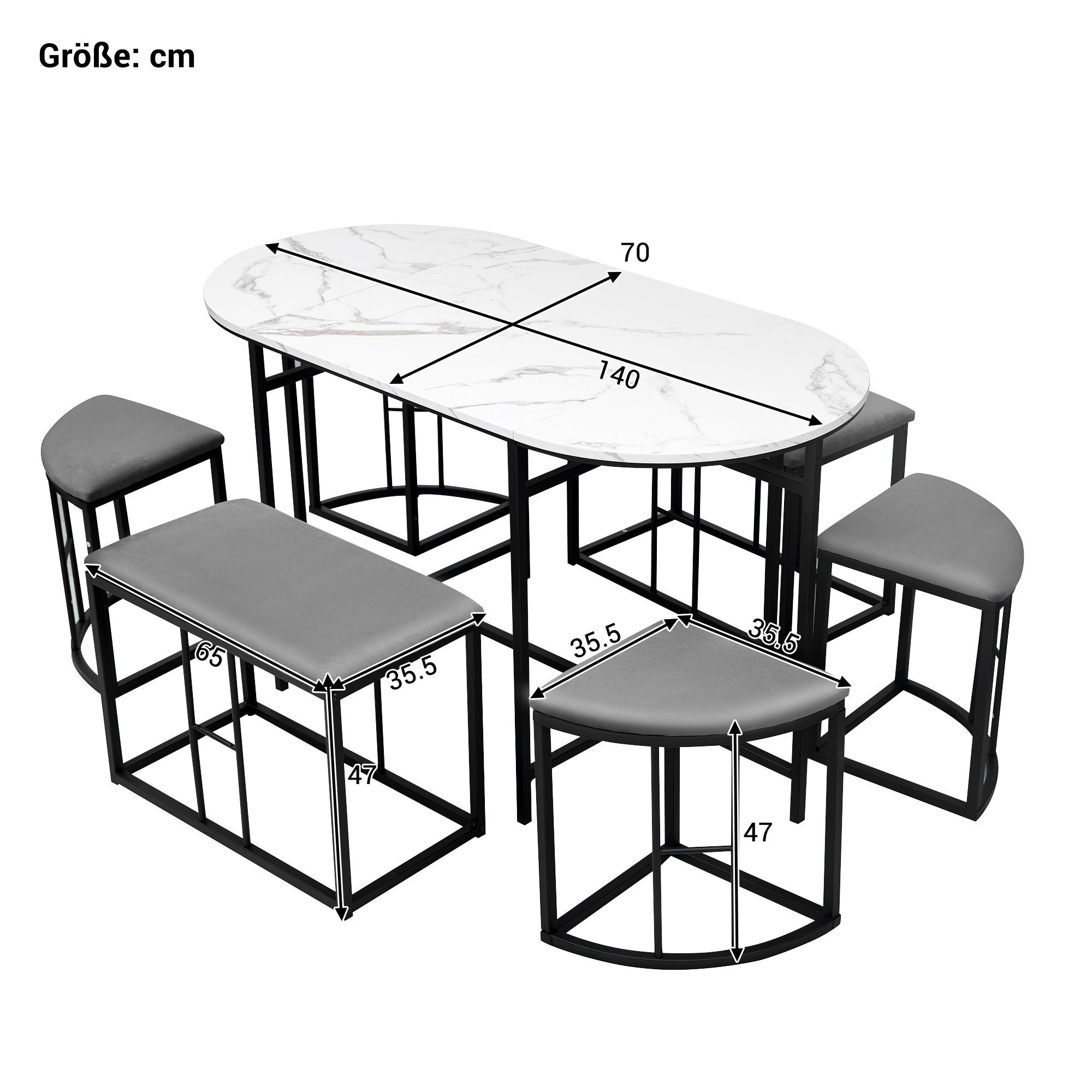 Marmoroptik), OKWISH gepolstert bank, 4 Tisch mit in 7-tlg., (1 Hocker Tisch, Hocker Tischplatte:Weiss+Beine-Schwarz Essgruppe, 2 und
