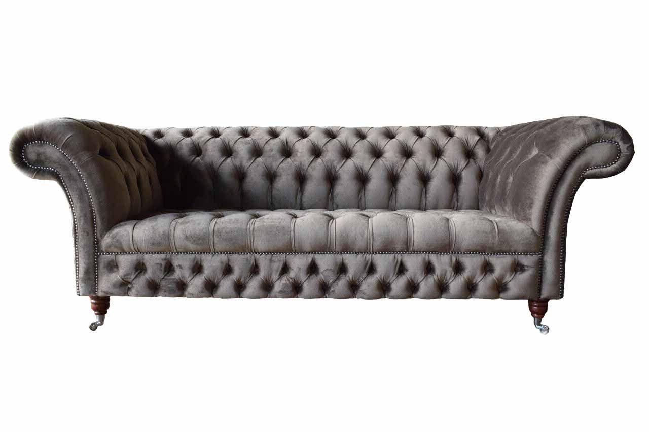 JVmoebel Sofa Englische Chesterfield Sofa Couch Büro Möbel Dreisitz Samt 230cm Taupe, Made In Europe