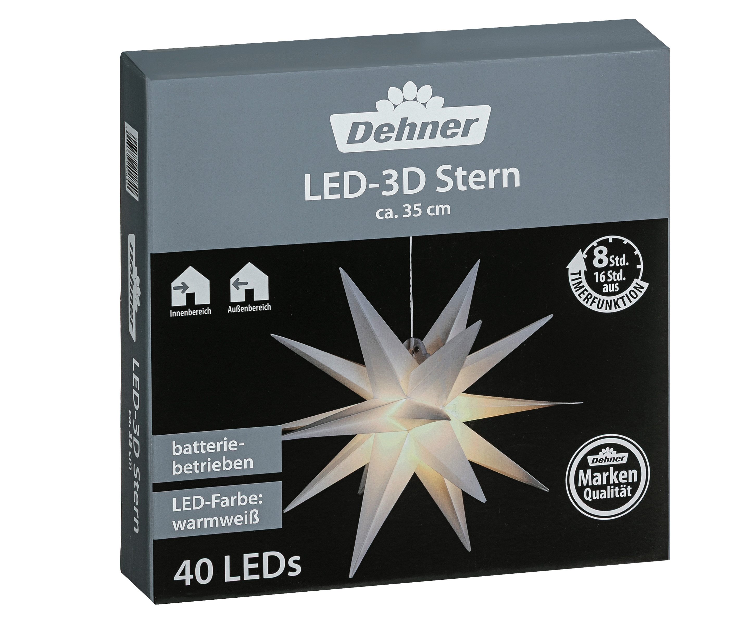 Dehner LED-Lichterkette 3D-LED-Stern, 40 LEDs, Ø 35 cm, Kunststoff, weiß, 40-flammig, Weihnachtsstern inkl. Timer, Indoor / Outdoor