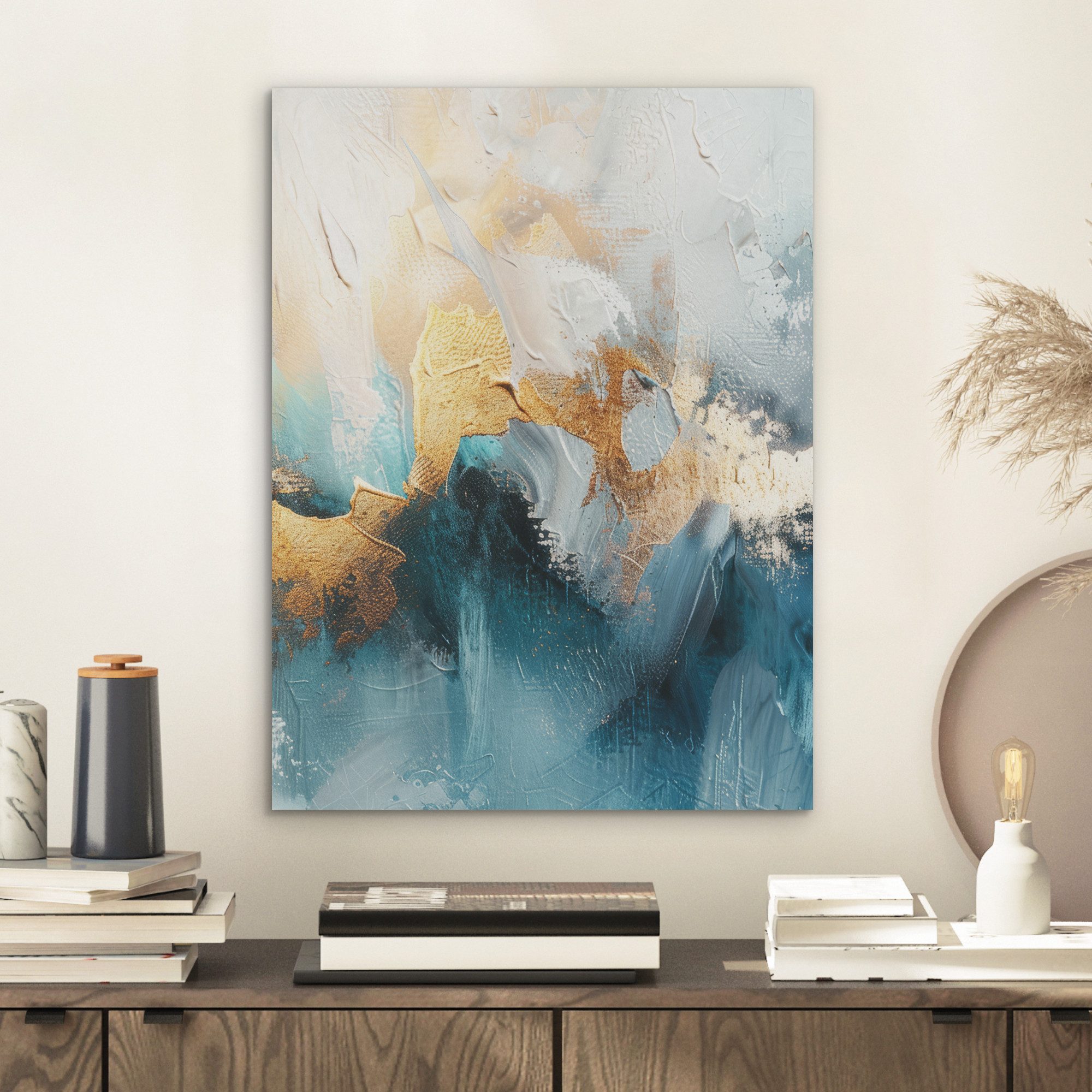 MuchoWow Gemälde Abstrakt - Kunst - Gold - Blau, Fotodruck (1 St), Akustikpaneele, Wandpaneele, Schalldämmung, Akustikbilder 30x40 cm