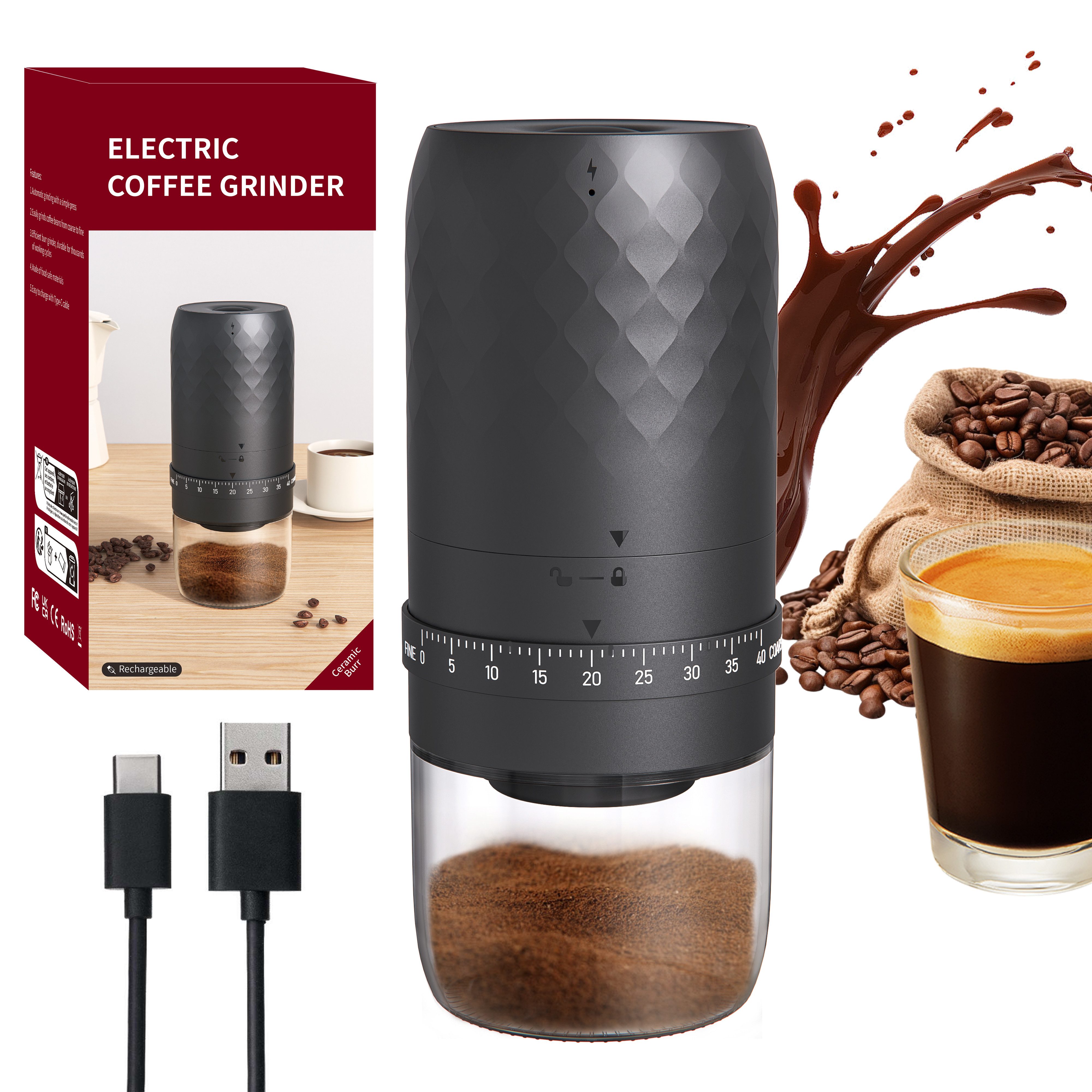 ibettertec Kaffeemühle Tragbare akkubetriebene Kaffeemühle Elektrisch35g Fassungsvermögen, 1800mAh wiederaufladbare Kaffeebohnenmühle mit konischem Keramikfräser