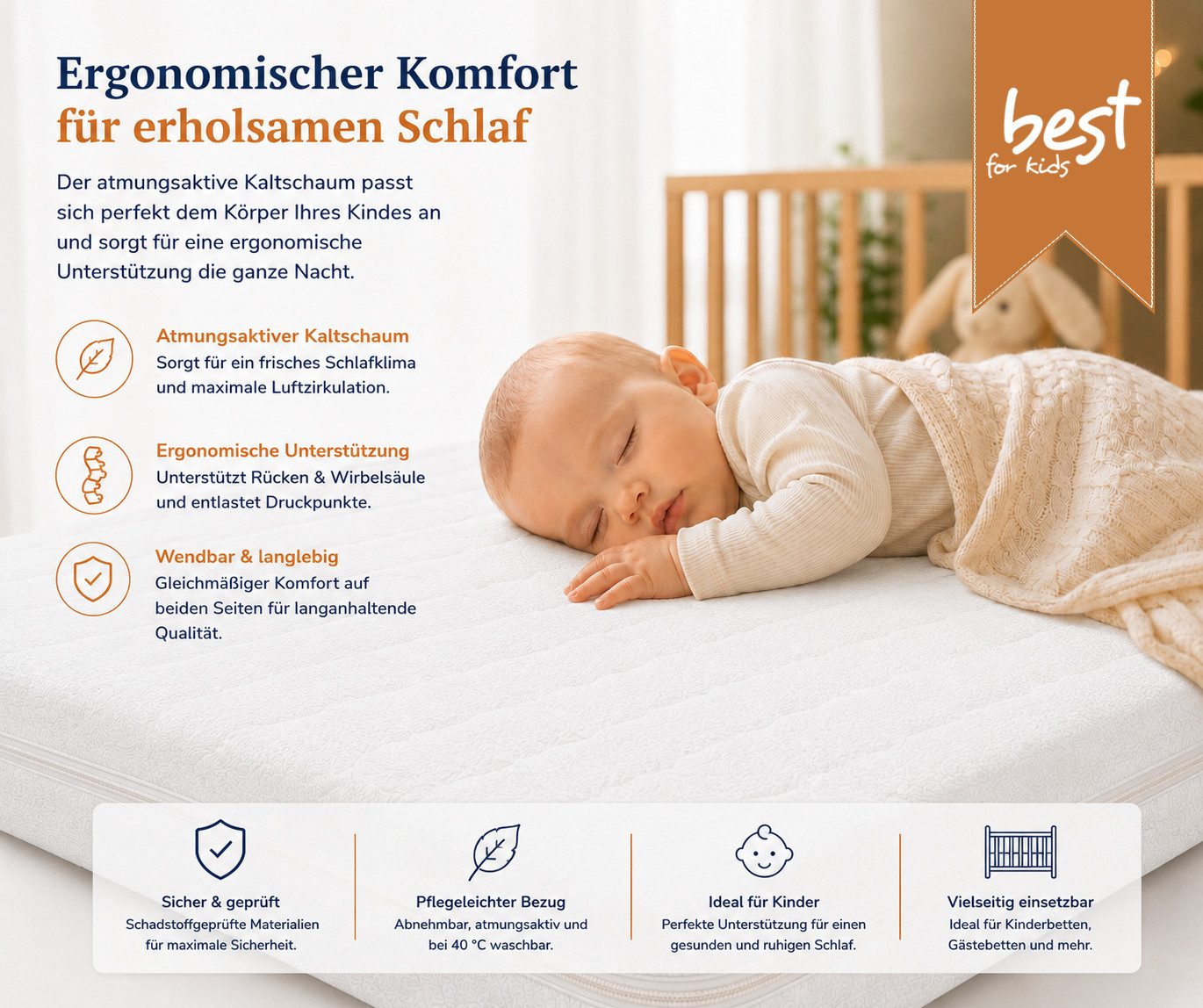 Kindermatratze Easy Active Kindermatratze – Kaltschaum mit atmungsaktivem Bezug, Best for Kids, 10 cm hoch, (1-teilig, 1-teilig), ergonomischer Kaltschaumkern f – Bild 4 von 5