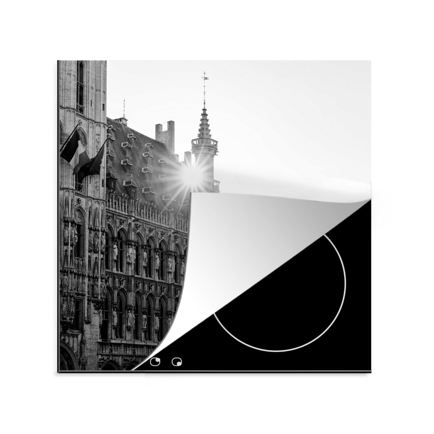 MuchoWow Herdblende-/Abdeckplatte Belgien - Schwarz - Weiß - Gent, Vinyl, (1 tlg), 78x78 cm, Ceranfeldabdeckung, Arbeitsplatte für küche