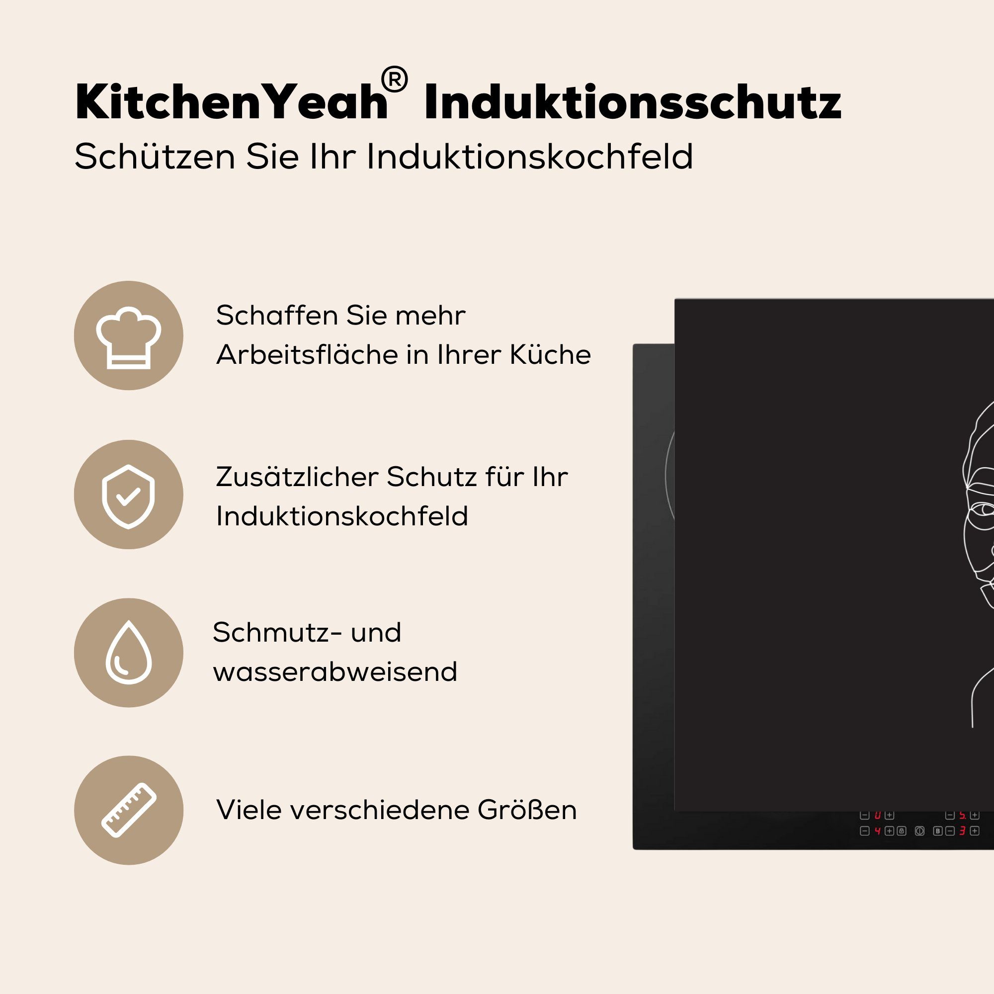 Kopf, Vinyl, - Induktionskochfeld Schutz küche, (1 Herdblende-/Abdeckplatte tlg), 81x52 die cm, Ceranfeldabdeckung - Linienkunst MuchoWow Frauen für