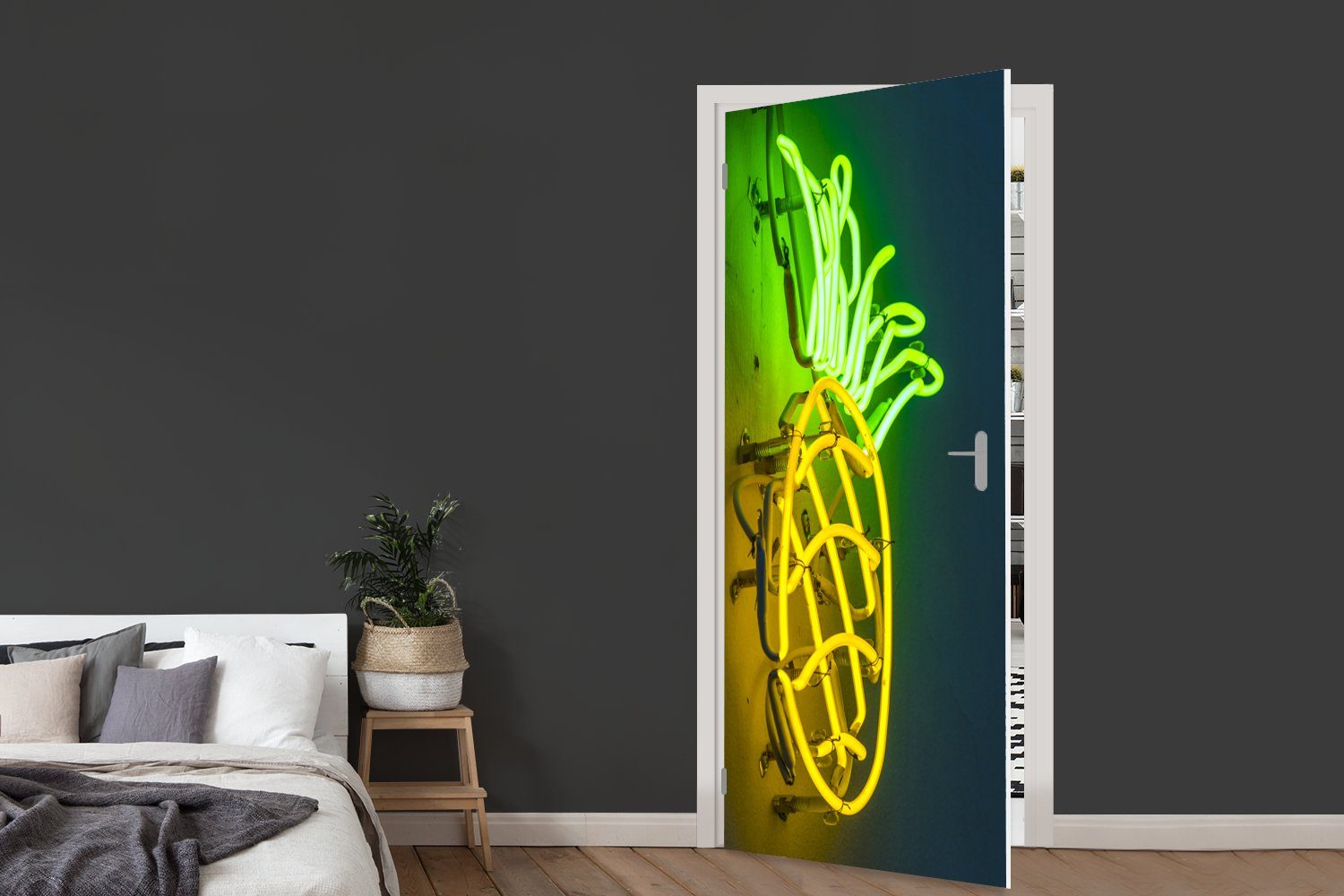 Tür, Lampe, Ananas cm (1 bedruckt, Matt, Fototapete St), - Neon Türtapete MuchoWow Türaufkleber, - 75x205 für