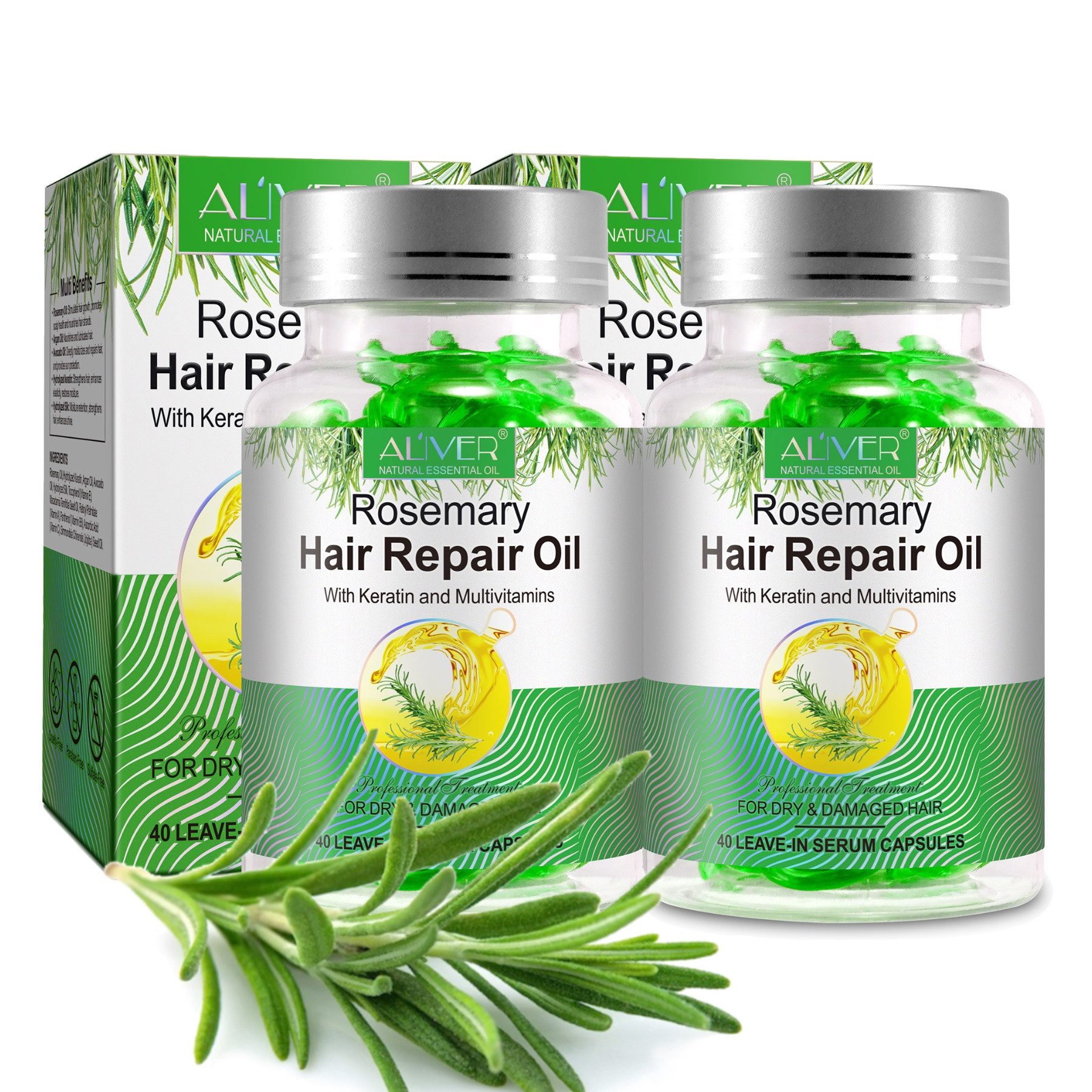 ALIVER Haaröl Rosmarinöl Ätherisches Öl Haarwachstum Haarpflege in Kapseln Bio Vegan, 2-tlg.