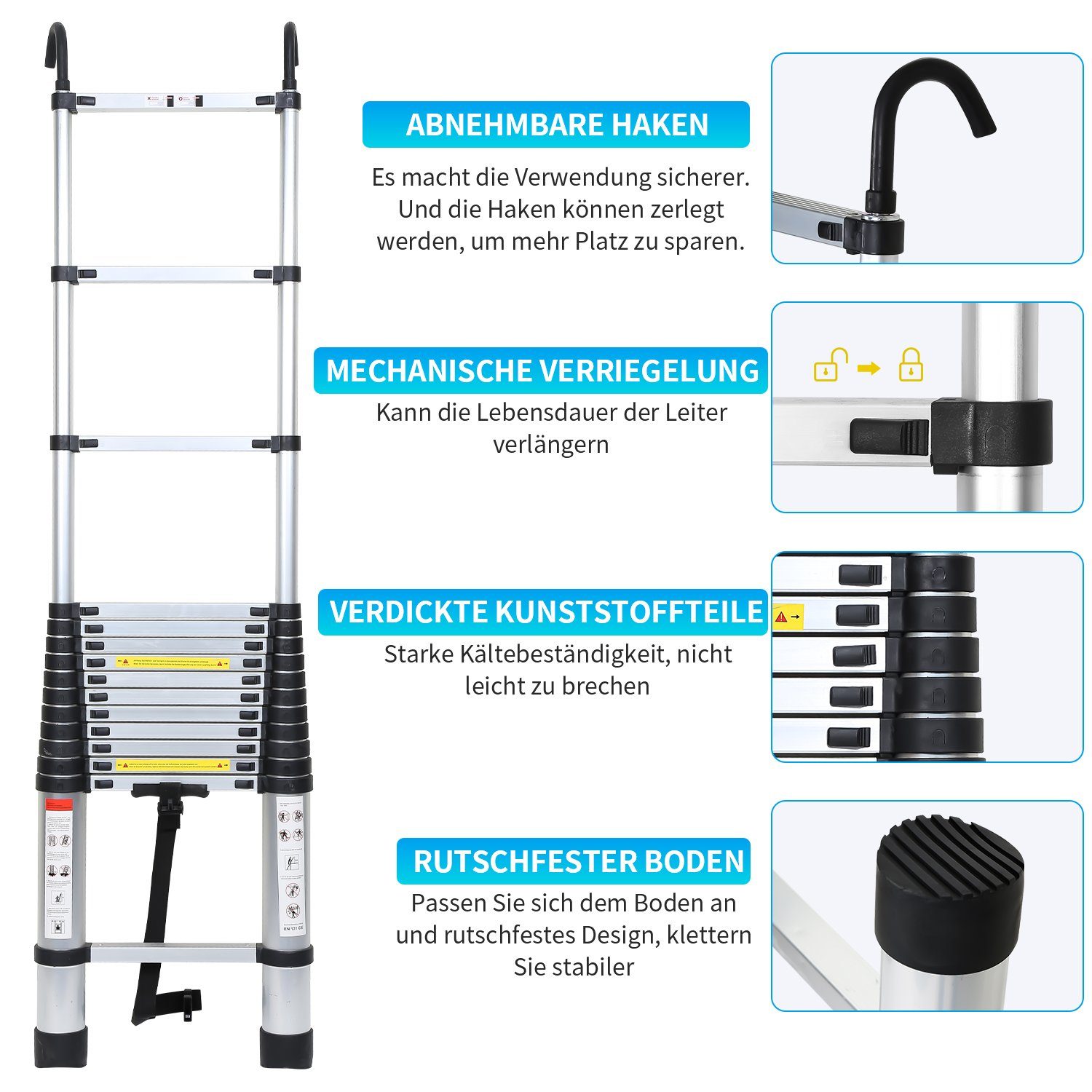 Clanmacy Teleskopleiter 150kg 2,6~5m Alu bis Ausziehleiter Teleskopleiter Anlegeleiter Aluminiumfarbe