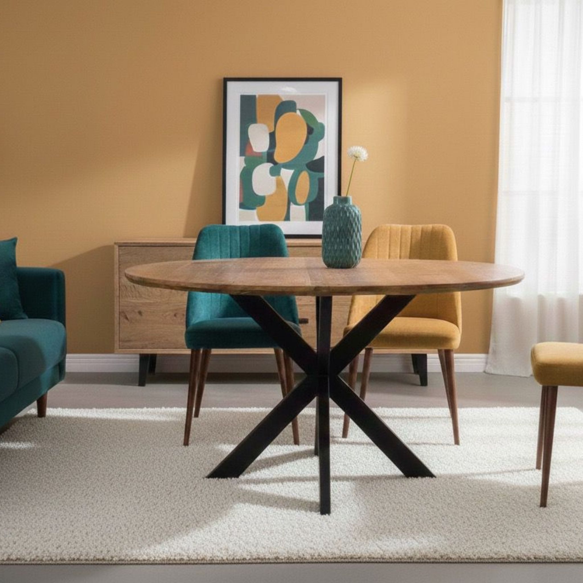 MR.DEKO Esstisch Avola Mango Holz Tisch rund 110cm, Metallgestell, natur lackiert (runder Esstisch für 4 Personen), Bohlenoptik, Höhenverstellbares, kratzfestes Gestell, 4 Personen